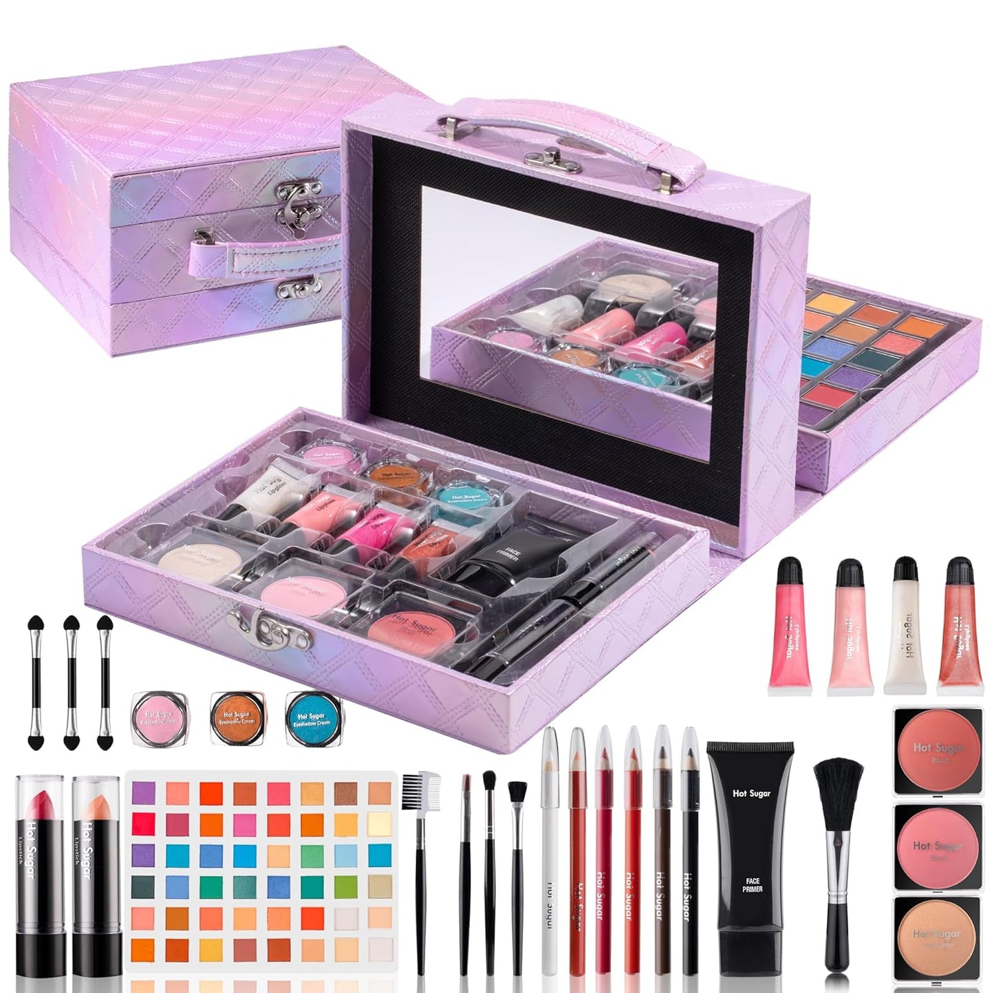 Hot Sugar Makeup Kit for Preteen Girls 10-12, Birthday Christmas Makeup Gift Set for Teens 16-18, All in One Beginner Makeup Kit for Women Full Kit (Purple Diamond)