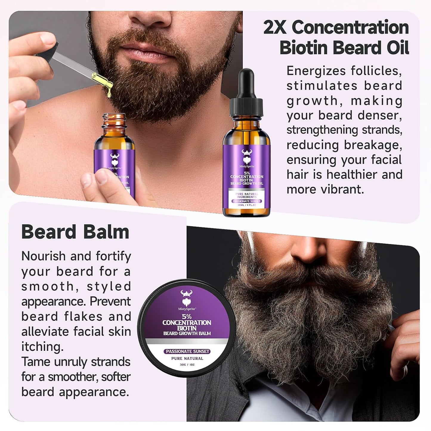 Beard Growth Kit - 5% Concentration Biotin Beard Oil for Men (2 oz) - Natural Mens Beard Oil with Argan Oil, Jojoba Oil and Vitamin, Beard Growth Softener, Moisturizer (Passionate Sunset)