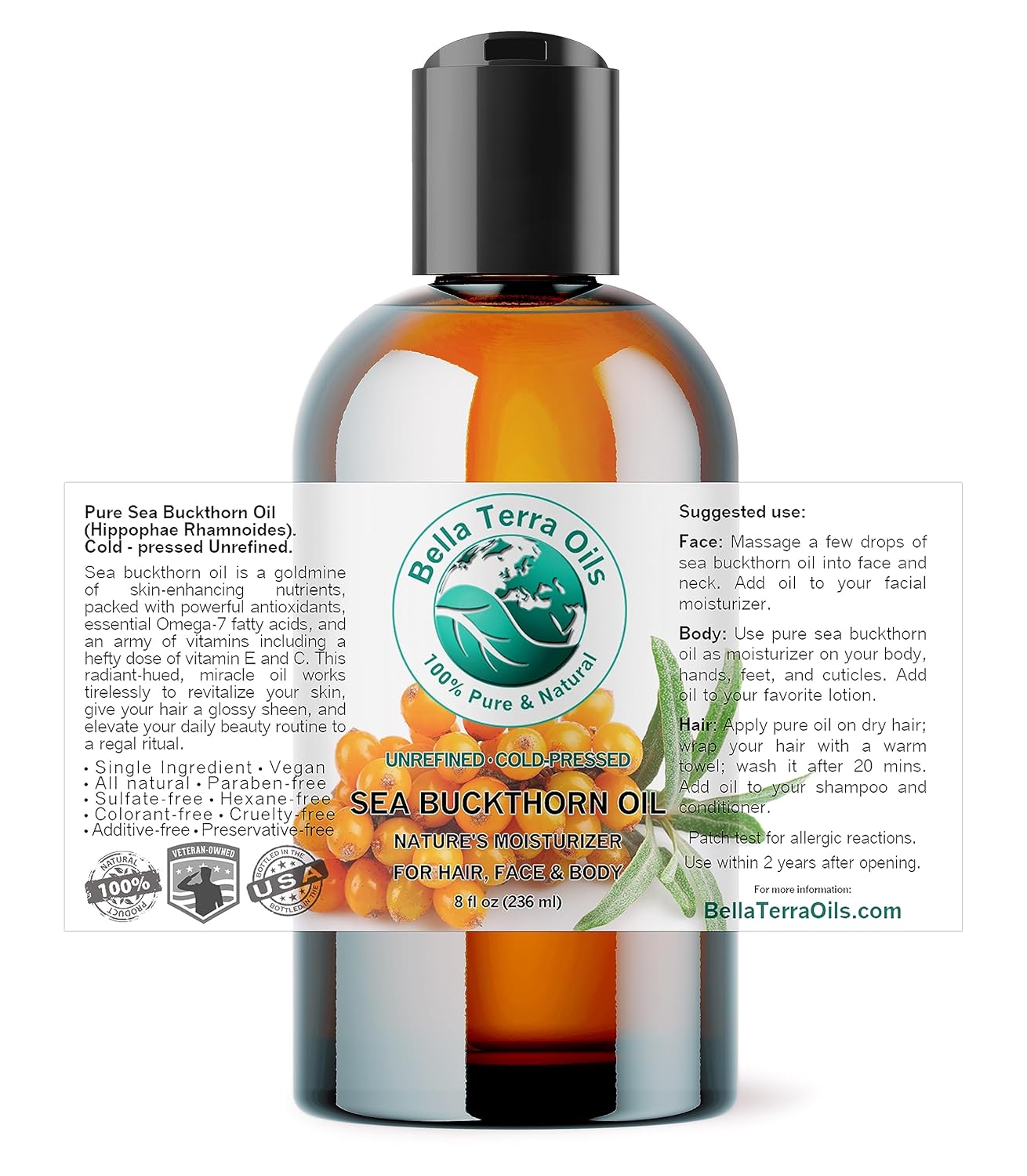 Bella Terra Oils - Sea Buckthorn Oil 8 oz - The Ultimate Elixir from Nature's Bounty, Rich in Flavonoids & Essential Fatty Acids, Gilded Luxe for Your Face