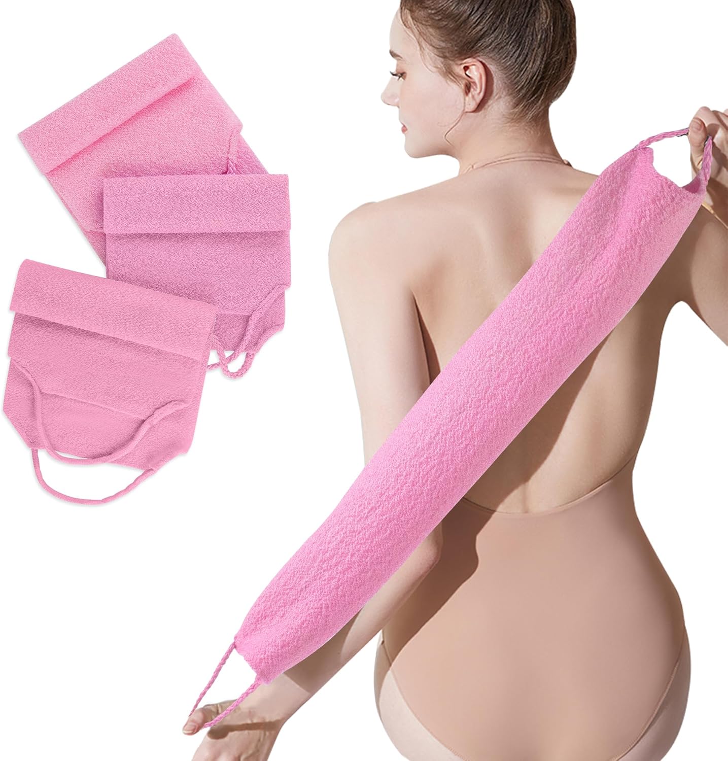 3 Pcs Double-Sided Back Exfoliator Body Scrub Towel, Exfoliating Back Scrubber with Handles,Exfoliating Washcloth Bath Tool in Shower, Stretchable Back Washer to Deep Cleans Skin (Pink)