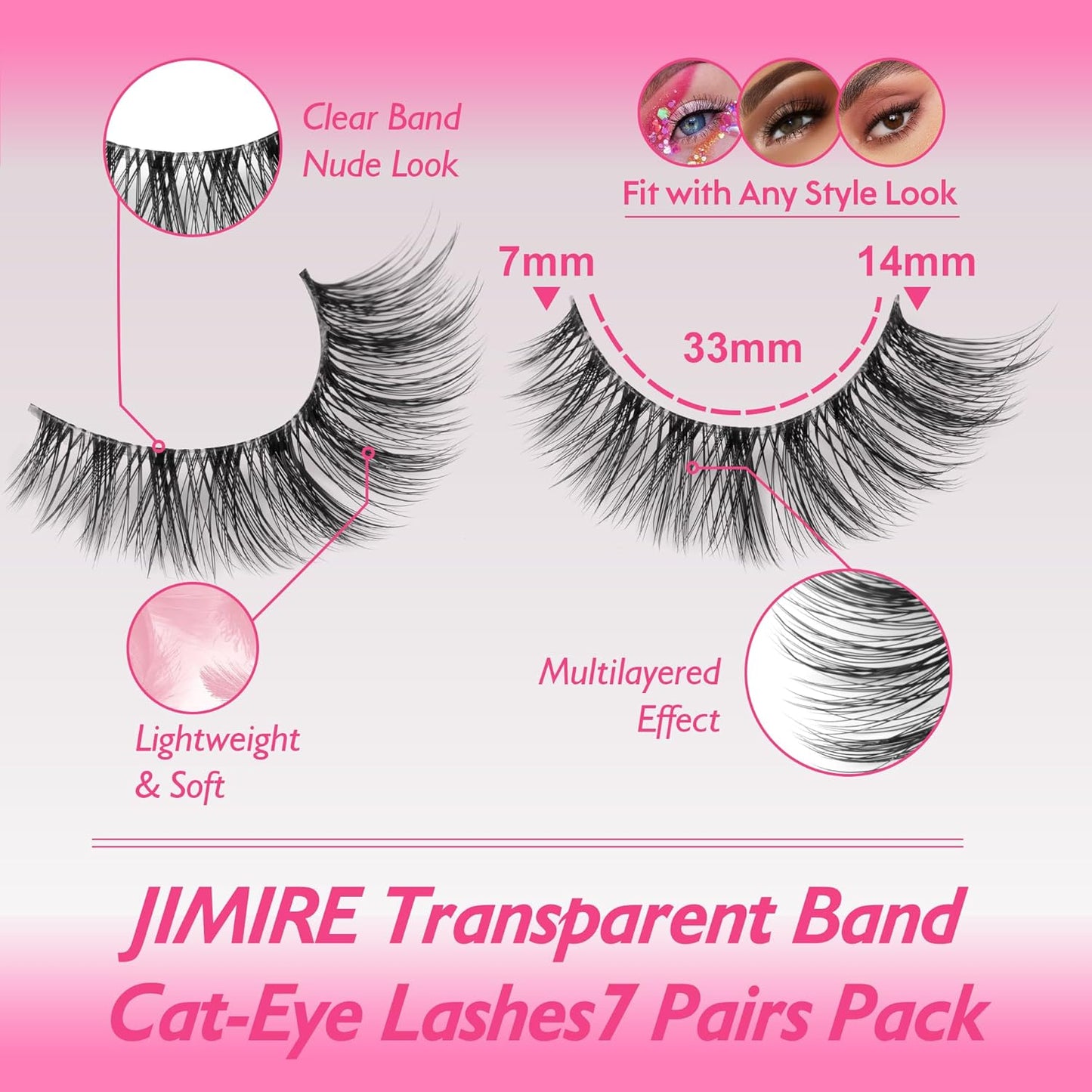 JIMIRE Lashes with Clear Band Demi-Wispies Fluffy Faux Mink Eyelashes Wispy Cat-Eye False Eyelashes Natural Look 7 Pairs Pack