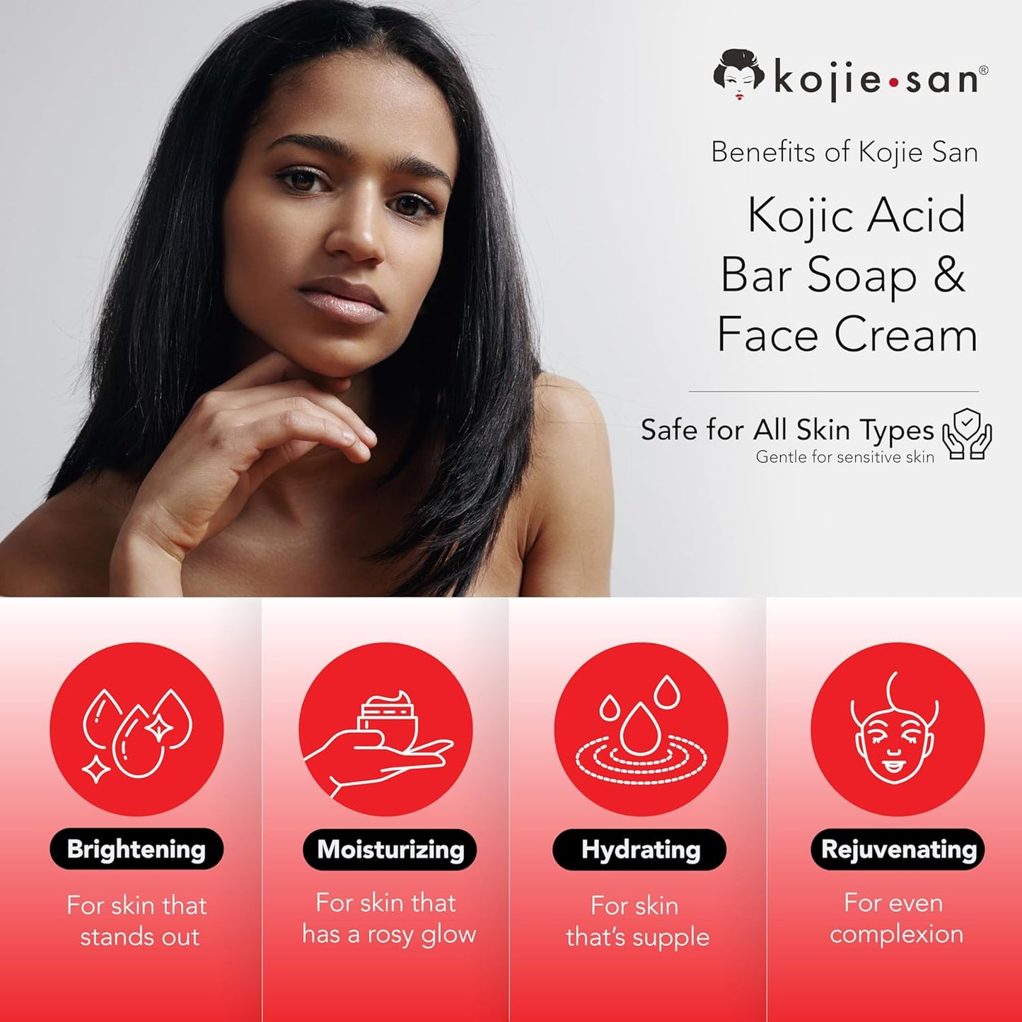 Kojie San Skincare Bundle - Facial Brightening Set with 2 Bars of Kojic Acid Soap, Face Cream & Exfoliating Face Brush