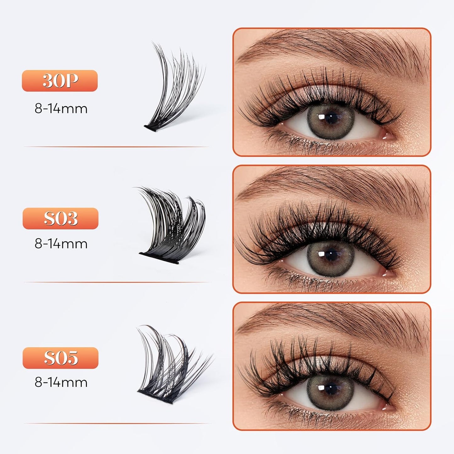 Lash Clusters Kit-VYRILA 0.07mm Wispy 8-14mix C Curl Eyelash Clusters with Lash Bond and Seal Waterproof, Eyelash Tweezers (30P+S03 KIT 186pcs-8-14mix)