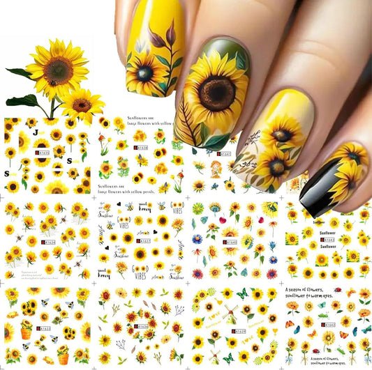 Sunflower Nail Stickers Decals Spring Summer Nail Art Water Transfer Floral Butterfly Honeybee Yellow Flower Supplies Cute Accessories for Women Girls 12Pcs