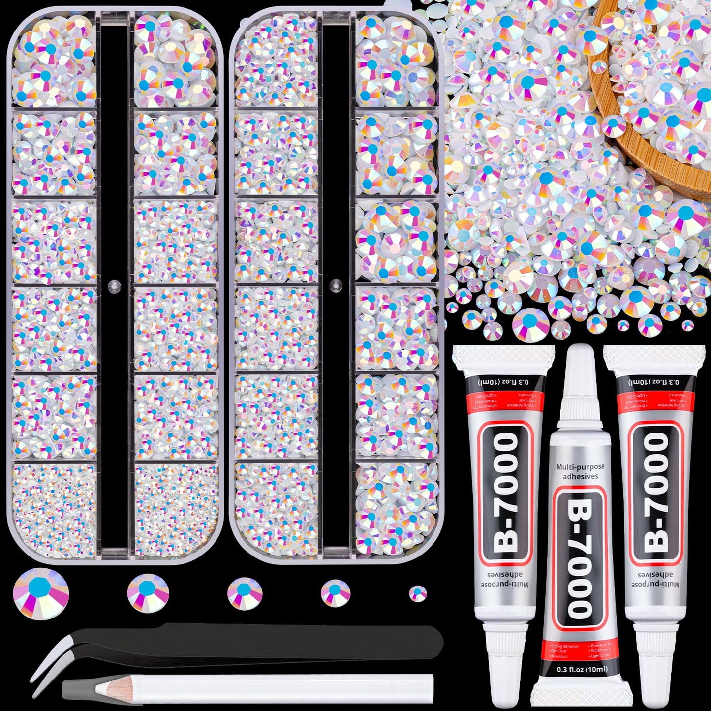 Resin Jelly Rhinestones for Crafting with B7000 Jewelry Glue, 2 Boxes White AB Flatback Crystals with 3Pcs 10ml Glue, Bedazzling Non Hotfix Gems for DIY Tumblers Clothing Shoes Manicure