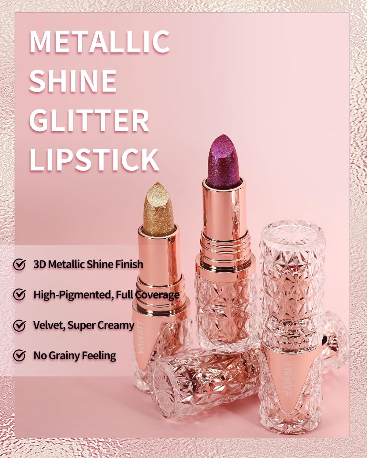 Metallic Glitter Pink Lipstick Long Lasting,Diamond Shimmer Liquid Lipstick Transfer Proof Non-Stick Nude Lip Gloss,High Pigmented Lip Color Creamy Lip Stick Makeup for Women-04