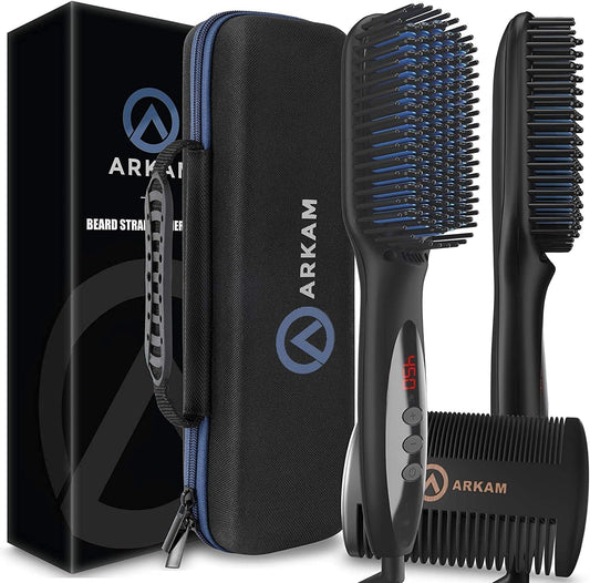 Arkam Beard Straightener for Men -Premium Heated Beard Brush Kit w/Anti-Scald Feature, Dual Action Hair Comb and Hard Shell Travel Case for Medium to Long Beards - Costume and Grooming Gifts for Men