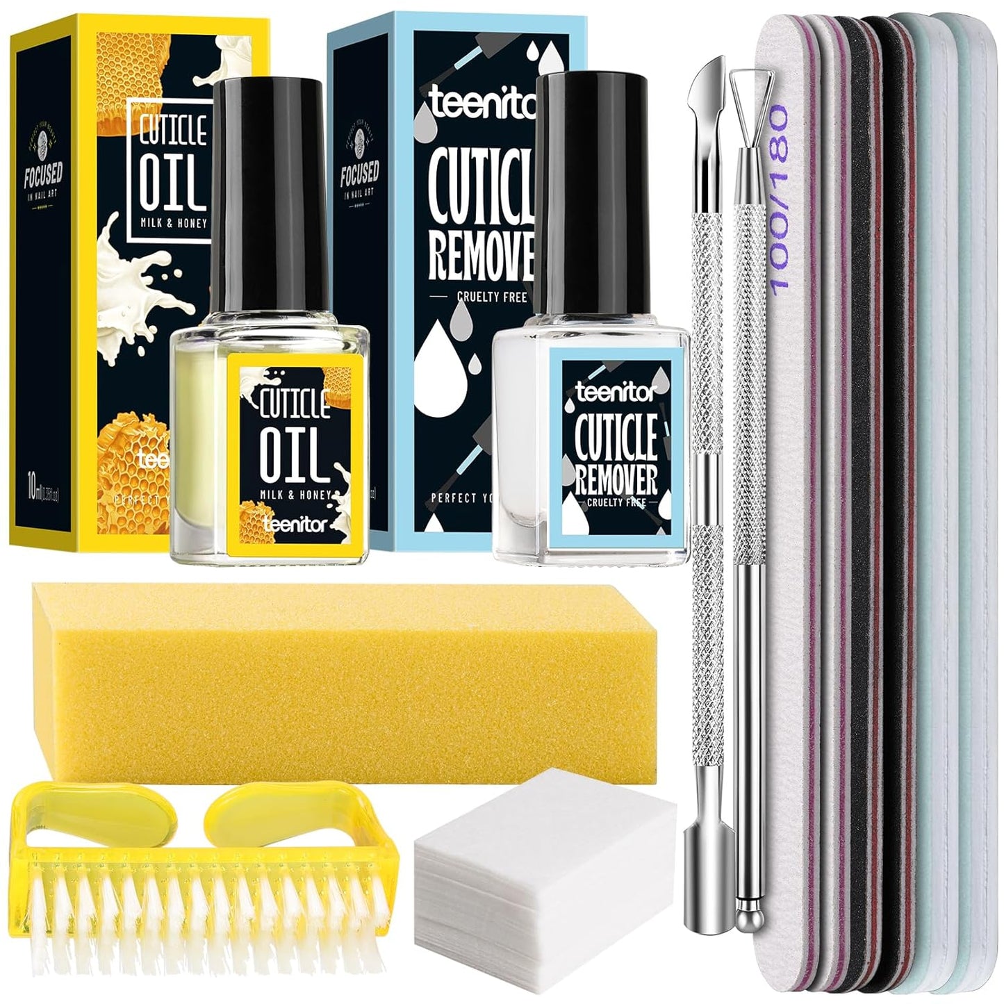 Teenitor Cuticle Remover Cuticle Remover Kit, Nail Care Kit with Cuticle Remover Cuticle Oil Nail File Nail Buffer Cuticle Pusher, Cuticle Peeler Scraper, Manicure Care Tools Milk and Honey