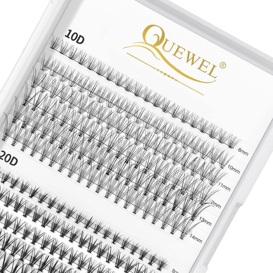 QUEWEL Cluster Lashes 240Pcs 10D+20D D Curl Mix8-14mm Lash Extensions Soft&Natural False Eyelashes Individual DIY Eyelash Extension at Home(10D+20D D MIX8-14)