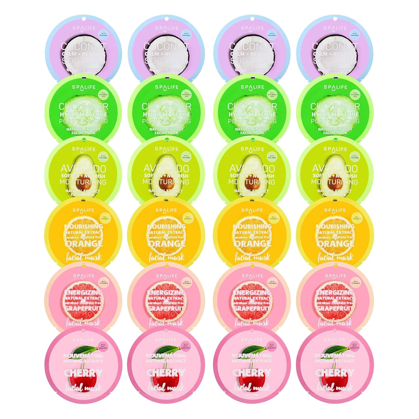 SpaLife Beauty Fruit Facial Sheet Masks 24 Pack – Face Masks Skincare Set – Hydrating Face Masks – 6 Natural Fruit Extract Formulas – Orange, Grapefruit, Coconut, Cherry, Avocado, Cucumber