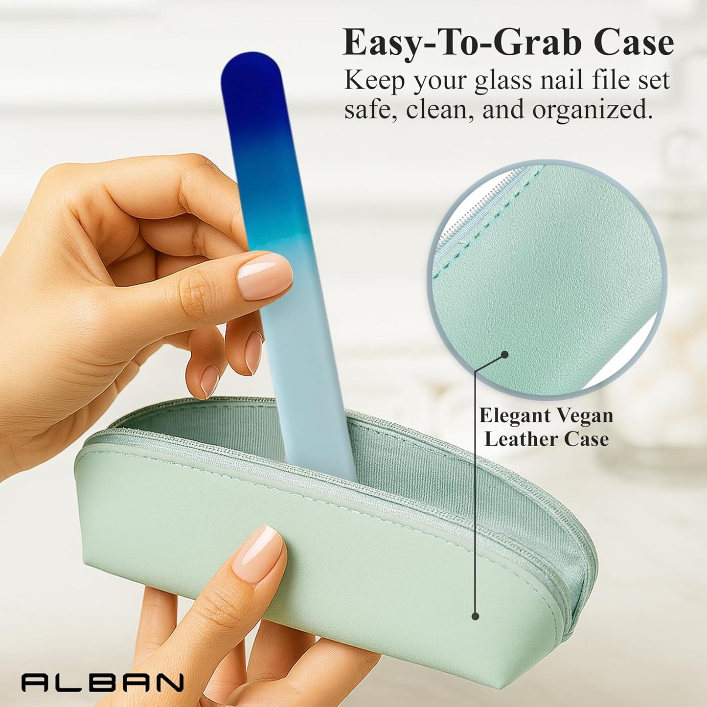 Alban Czech Glass Nail File Set with Manicure Stick & Vegan Leather Cosmetic Case (Royal Blue Nail Files, Royal Manicure Stick & Light Blue Cosmetic Case)