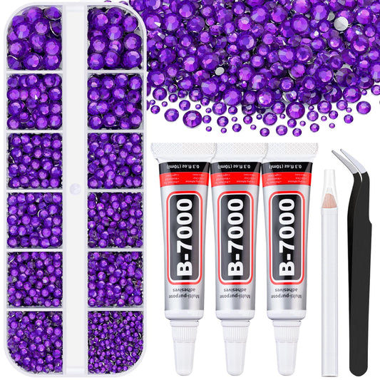 6000Pcs Resin Rhinestones for Bedazzling with 3Pcs B7000 Jewelry Glue, 1 Box Dark Purple Flatback Rhinestones for Crafting Crafts DIY, Crystals Gems for Clothing Shoes Tumblers Nail Art Makeup
