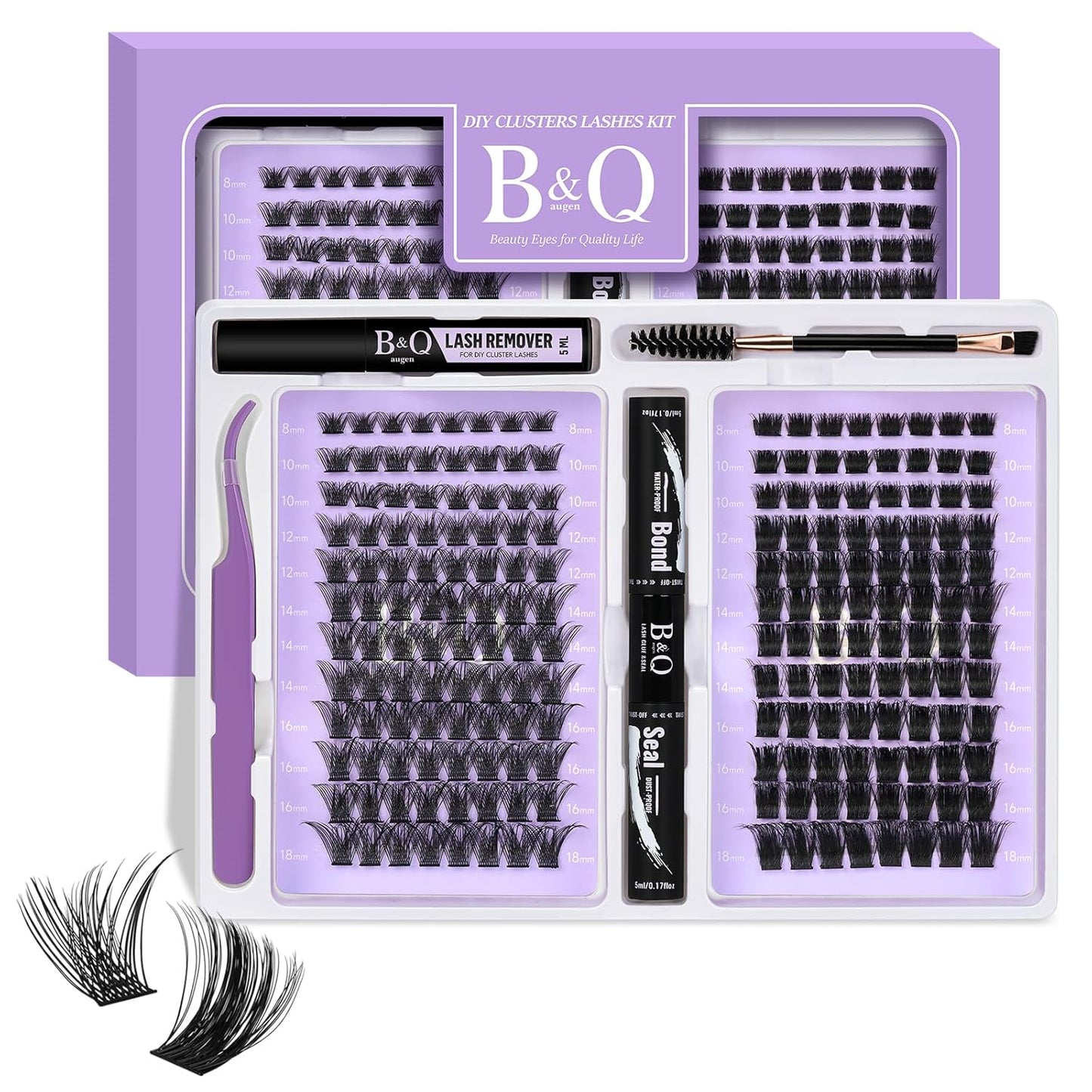 B&Q Lash Extension Kit 192 pcs Eyelash Extension Kit B02+B07 8-18mm Mixed Lash Clusters Kit Individual Lashes Kit Wispy with Lash Glue and Remover Applications Eyelash Kit (B02+B07, Kit)