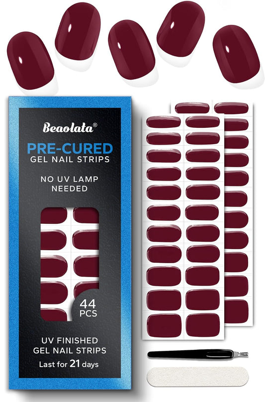 Pre Cured Gel Nail Strips - 44PCS Salon Quality Gel Nail Stickers - Long Lasting Polish Wraps for Women no UV Light Needed Easy Apply& Remove (Rose Red)