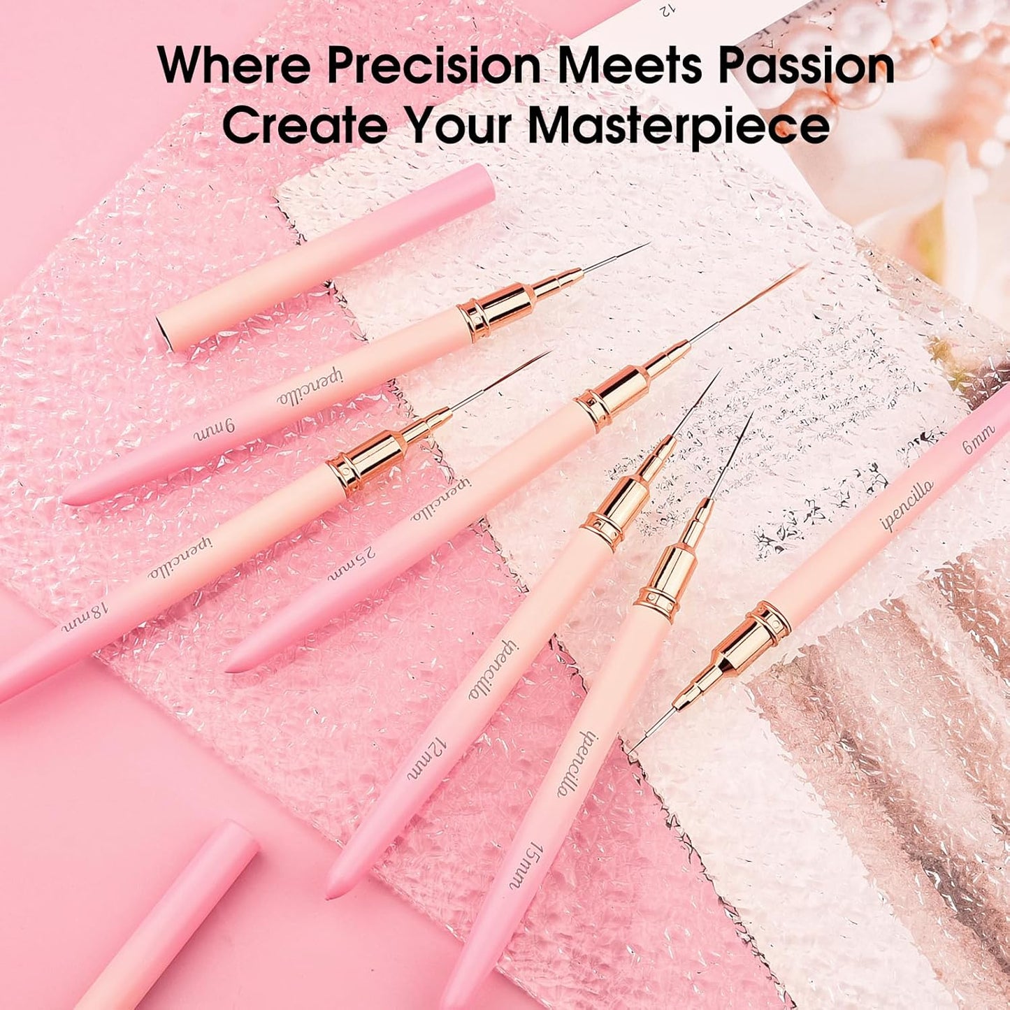 Nail Art Brushes, 6 Pcs Nail Liner Brushes for Nails, Nail Brushes for Nail Art Lines, Details, Edge and Plaid, Nail Art Brushes with Cap, Thin Liner Brushes Sizes 6/9/12/15/18/25 mm, Pink