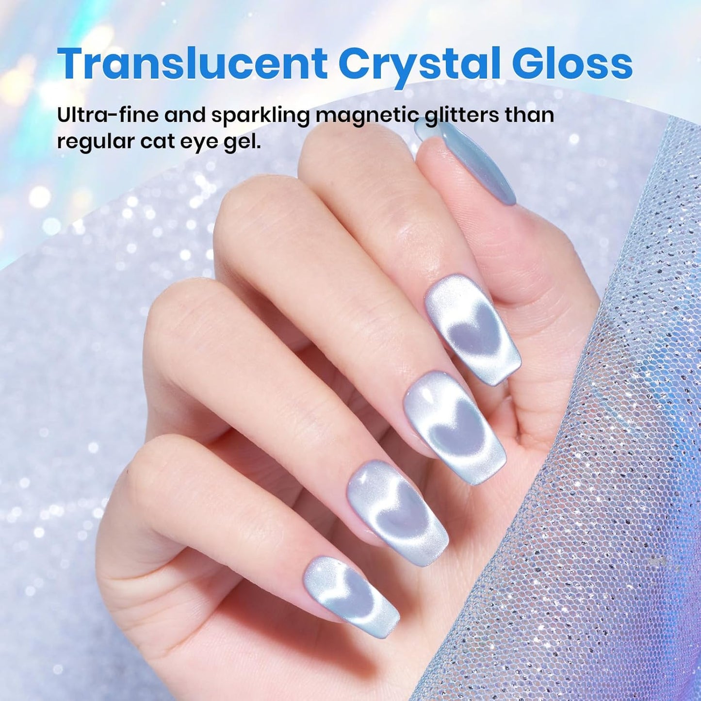 Beetles Blue Cat Eye Gel Polish, 15ML Light Blue Glass Cat Eye Glitter Gel Polish with Magnet Shimmer Translucent Sheer Color Soak Off UV Frosted Galaxy Series French Nail Art Gift for Women
