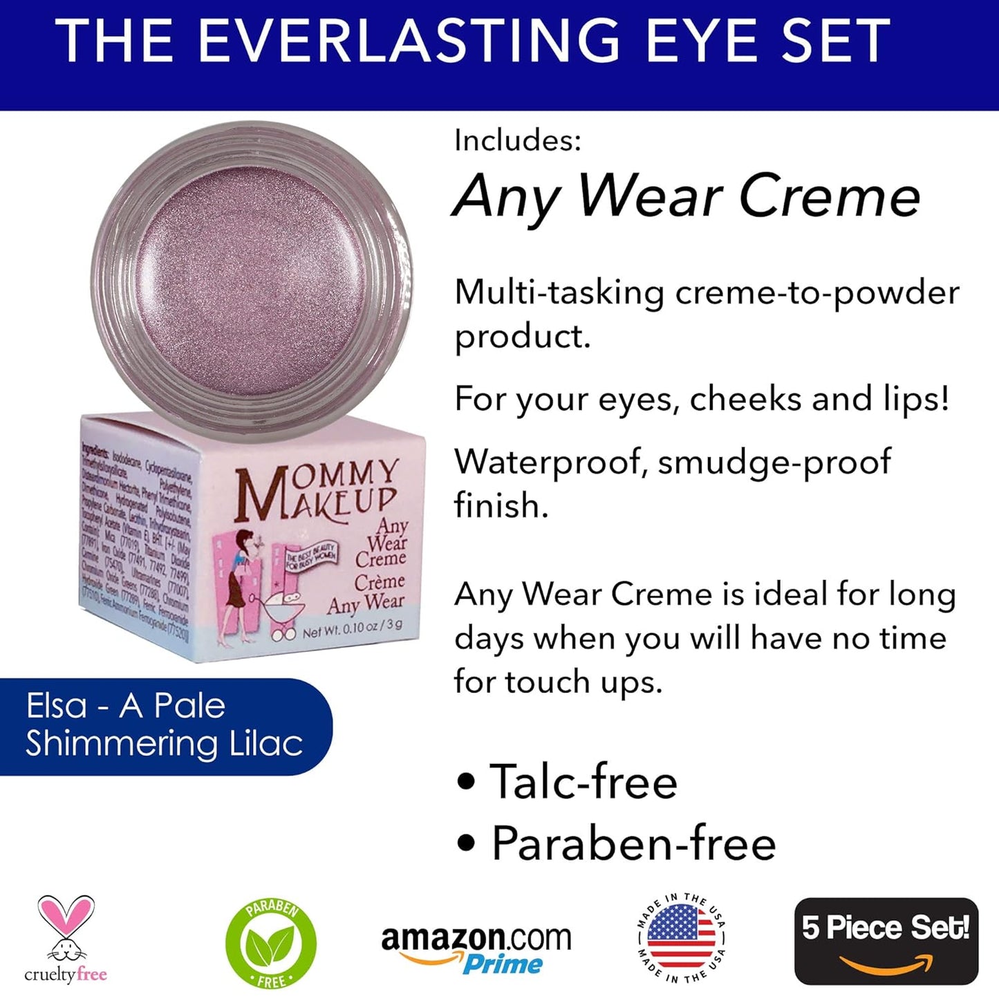 The Everlasting Eye 5 Piece Waterproof Makeup Set. Gel Eyeliner, Creme Eyeshadow, 2 brushes and Mesh Bag. Paraben-free, Talc-free, Cruelty-free. Elsa/Blue Angel 1112
