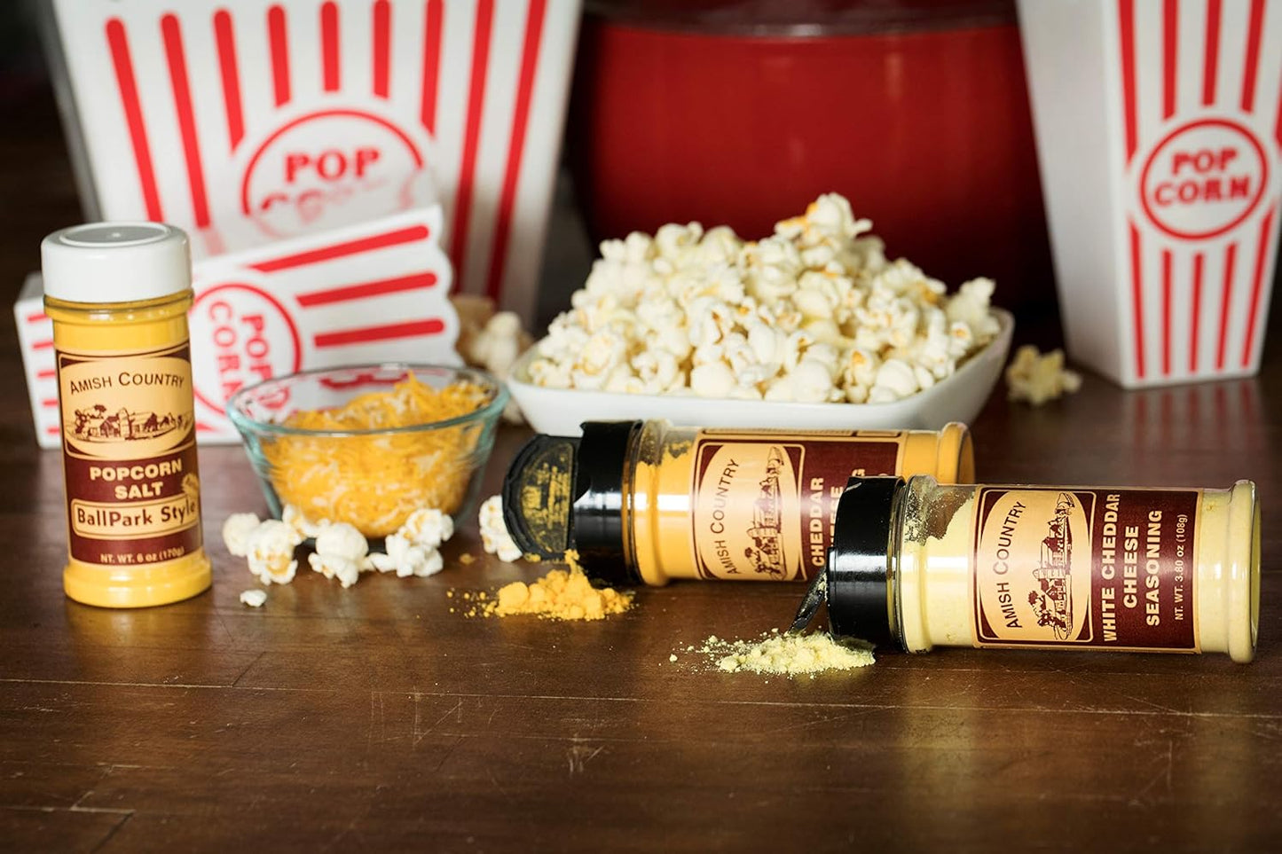 Amish Country Popcorn | BallPark Style Buttersalt - 5.5 oz, Cheddar Cheese - 4.7 oz & White Cheddar Cheese - 3.8 oz Popcorn Seasoning | Old Fashioned, Non-GMO and Gluten Free