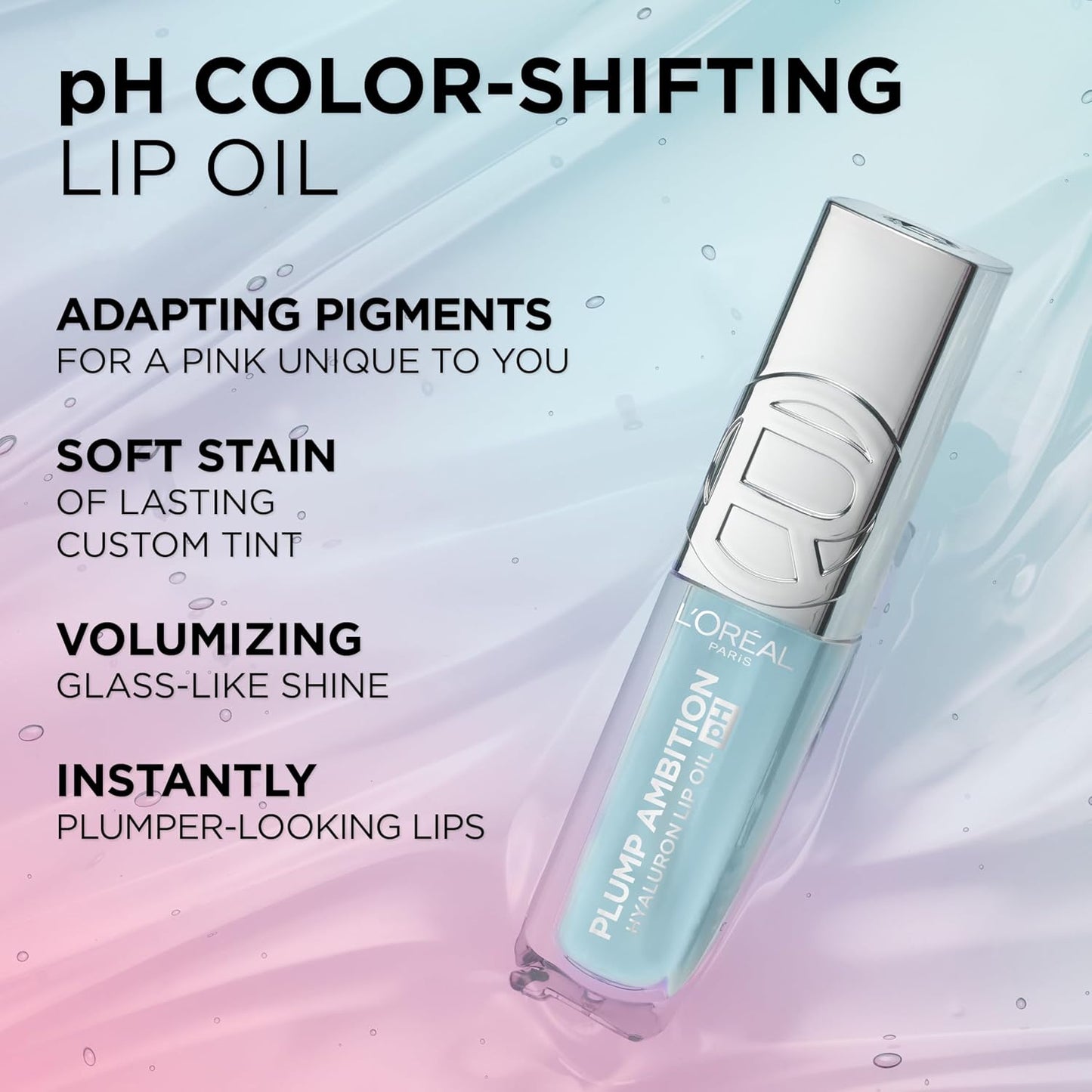 L'Oreal Paris Plump Ambition pH Hyaluron Lip Oil, Color Shifting Lip Tint with 24HR Hydration, Volumizing Shine and Lasting Color, 050 pH Lilac