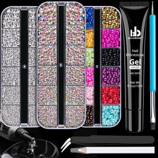 Rhinestones for Nails & Pearls, Manicure Kit with Nail Rhinestone Glue Gel, Flat Back Glass Crystal AB + Clear Gems, Colorful Half Round Pearls, Gem Glue (UV/LED Needed) with Dotting Tools