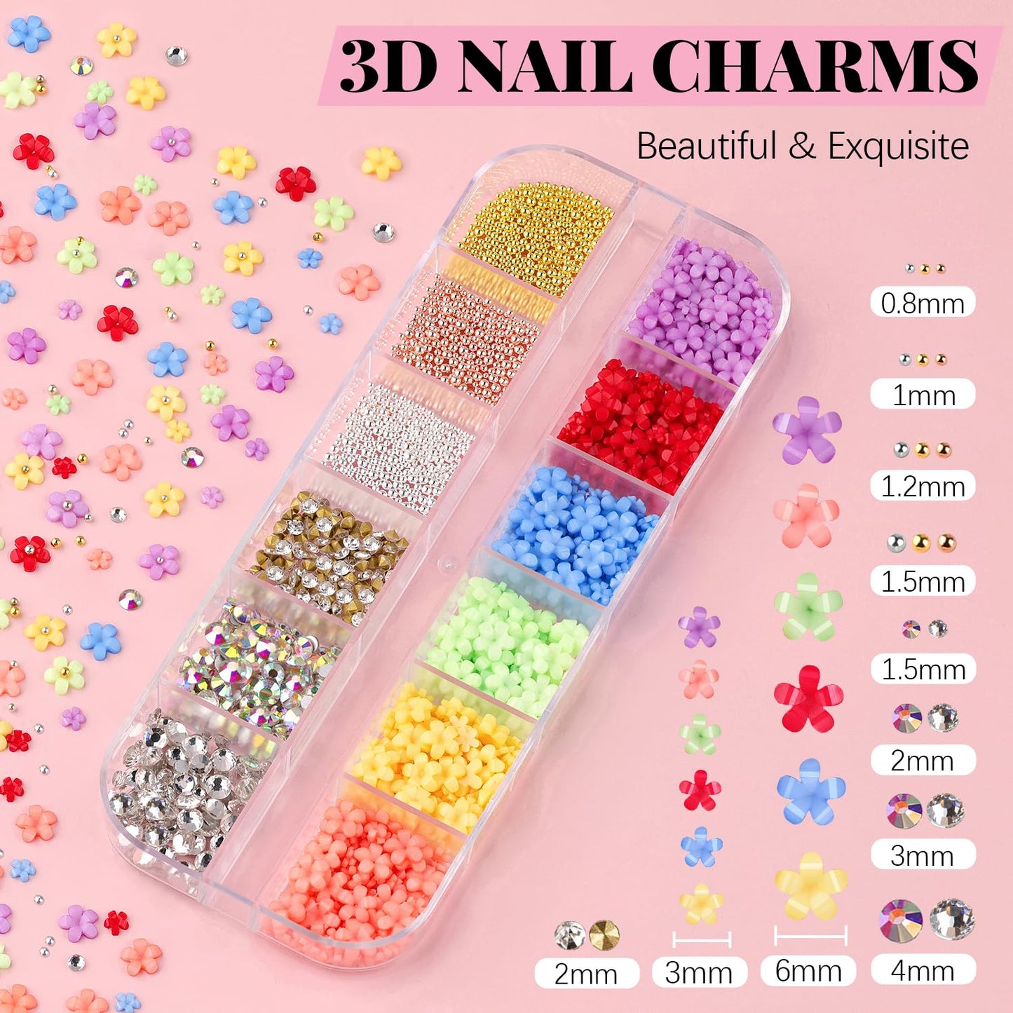3D Nail Charms, Butterfly Colorful Acrylic Flower Starry AB Gemstones Caviar Beads Half Round Pearl, Flat Back Glass Crystal AB + Clear Round Rhinestones for Nails with Pickup & Dotting Tools