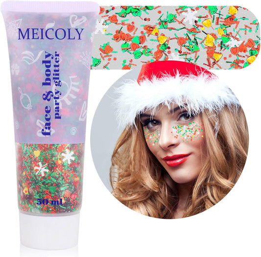 Christmas Makeup,MEICOLY Christmas Face Body Glitter Gel,Christmas Stocking Stuffers Gift Decorations,Festival Hair Glitter for Women Kids Girls,Chunky Sparkling Sequins Glitter Face Paint