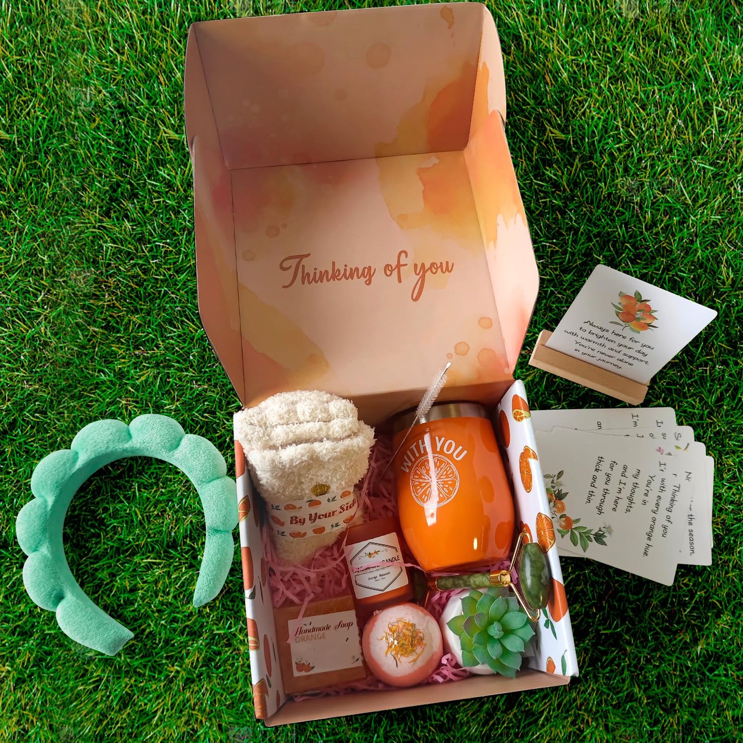Orange-Themed Spa Gift Basket for Women - Self-Care Package, Birthday Box with Handmade Soap, Candle, Bath Bomb, Headband, and Towel