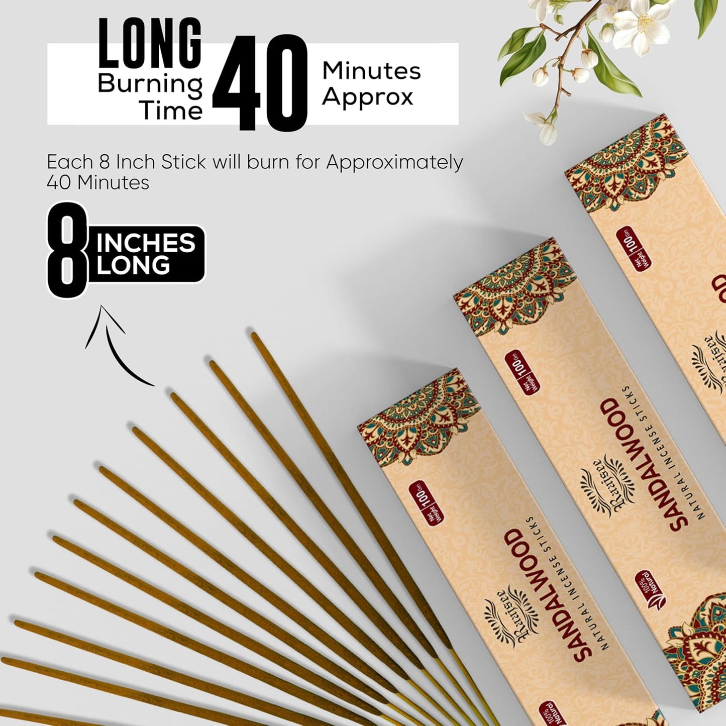 Raajsee Sandalwood Incense Sticks (180 gm), 100% Pure Organic Natural Hand Rolled Free from Chemicals - Sandalwood Incense Perfect for Aromatherapy, Cleansing, Meditation, and Church (Pack of 12)