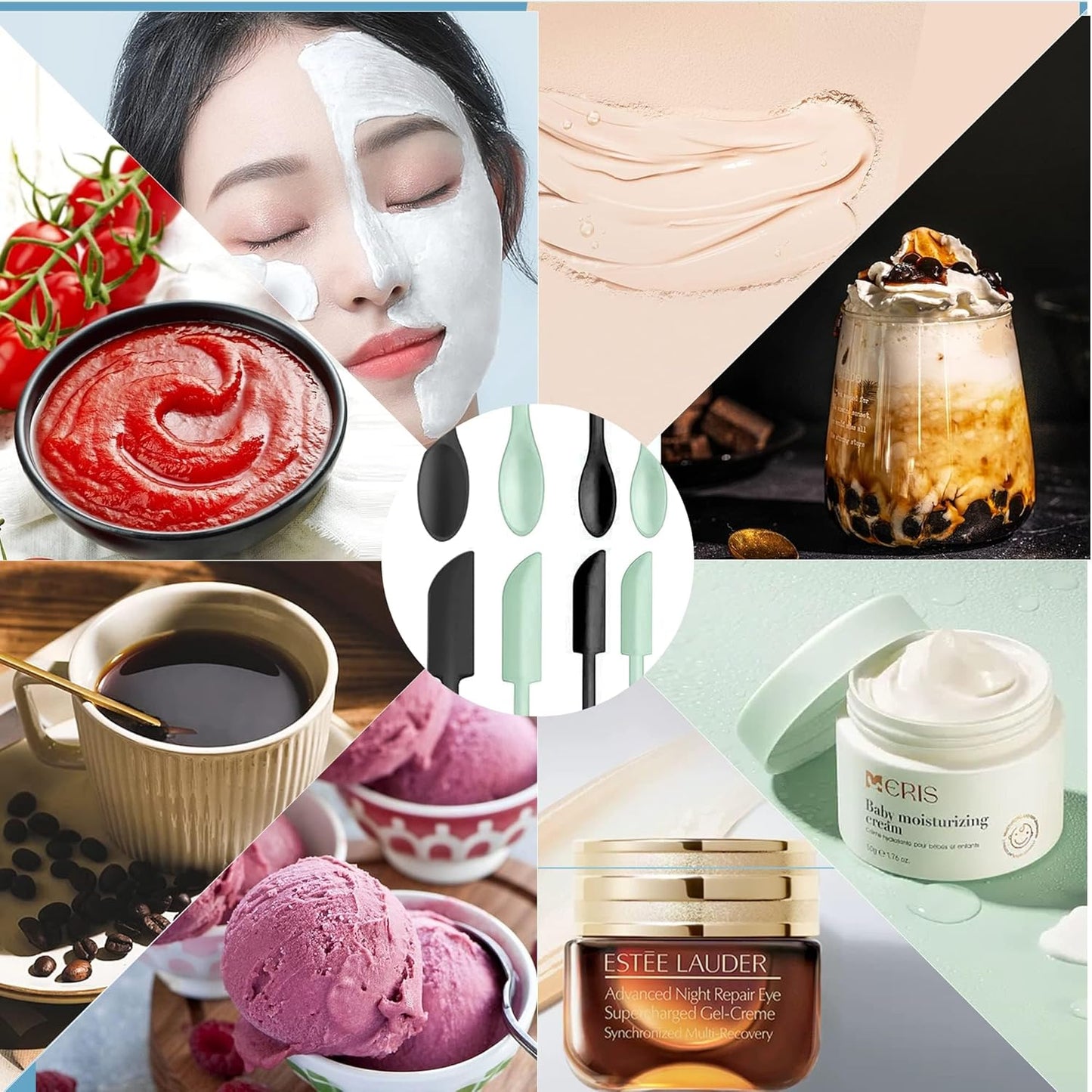 Mini Spatula Silicone Spatula Set - 4pcs Small Makeup Scrapers for Cosmetics, Reusable Beauty Tiny Tools, Thin Jar Scraper, Get the Last of the Makeup Out of the Bottle(Light Green and Black)