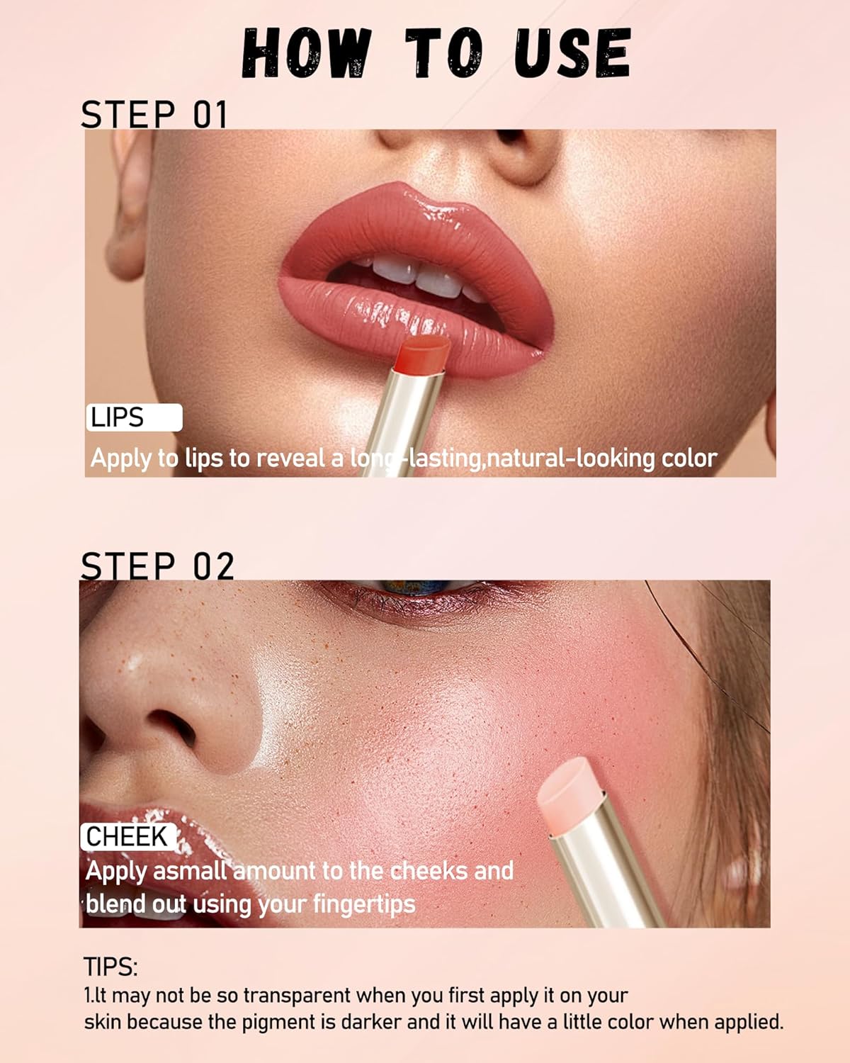 PH Color Changing Lipstick, Waterproof Temperature Color Change Lip Balm, Multi-Use Lip and Cheek Tinted Lip Gloss, Long-Lasting Hydrating Moisturizing Lip Tint,Festival Makeup Gift for Women-03 Peach