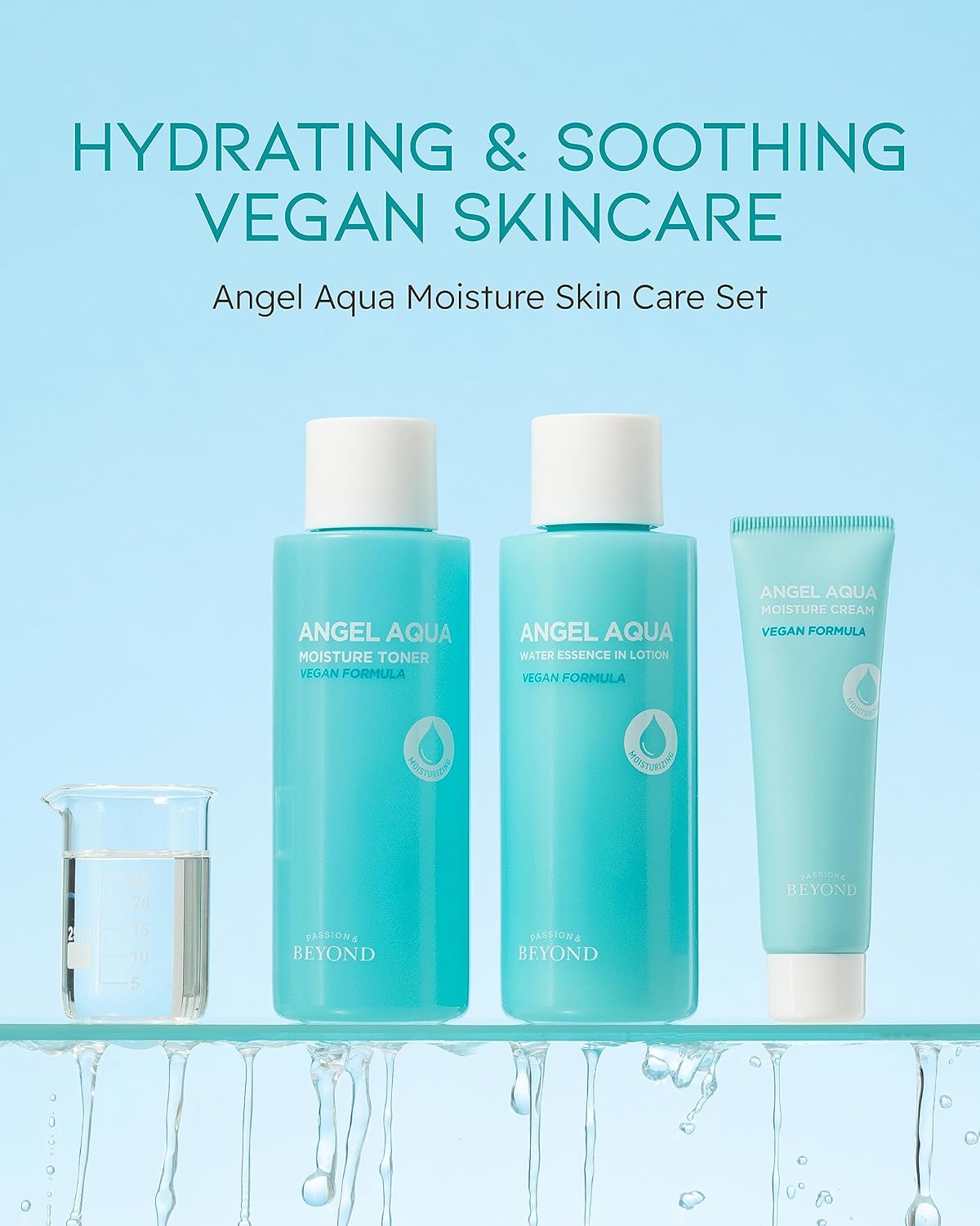BEYOND Angel Aqua Moisture Skincare Set (Skincare Set, 11.2fl oz , 3-Piece Set) - Vegan Formula Korean Skin Care for Dry & Rough Skin , Hyaluronic Acid, Cica, Pantenol