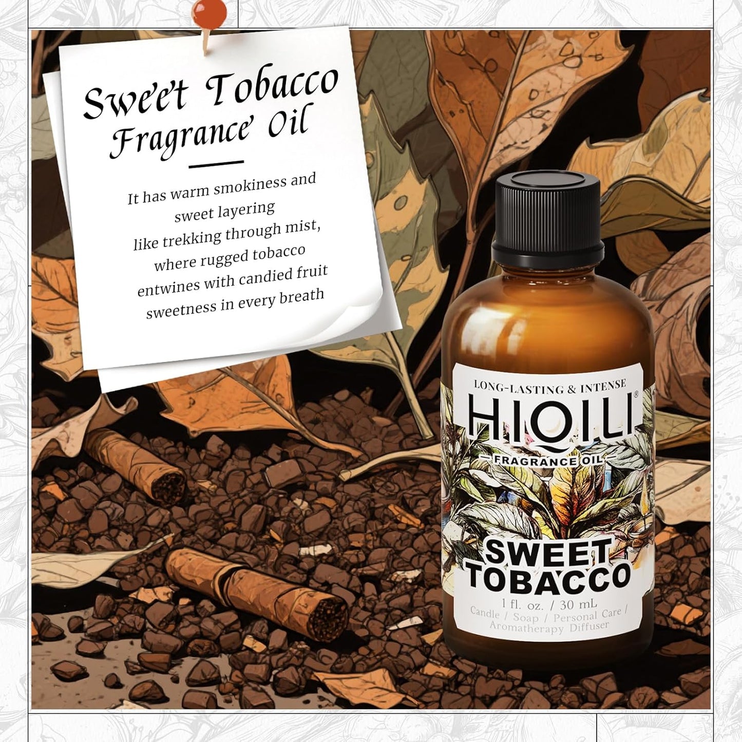 HIQILI Sweet Tobacco Fragrance Oil for Home Essential Oil Diffuser, Candle, Soap, Perfume & Body Scrubs Making, Rich Scent - 1 Fl Oz