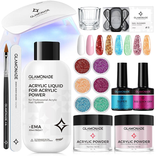 Acrylic Nail Kit for Beginners: Clear Pink Acrylic Powder Set Professional Nails Kit Acrylic Set with UV Light and Glitter Powder for Home DIY