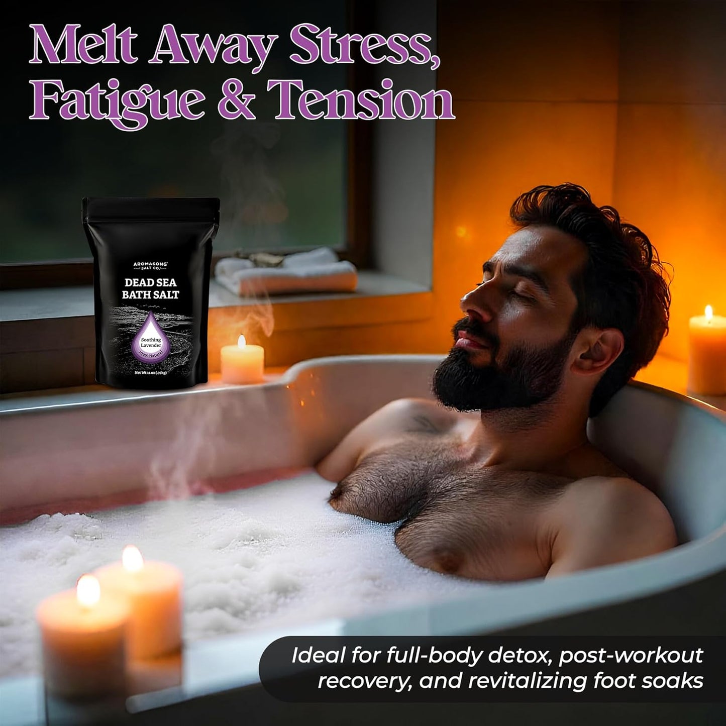 Aromasong Pure Dead Sea Salt for Soaking with 100% Natural Lavender, 14 Oz. - Spa Bath Salt Fine Grain - Body Wash Scrub - Soak for Women & Men- Resealable Pack