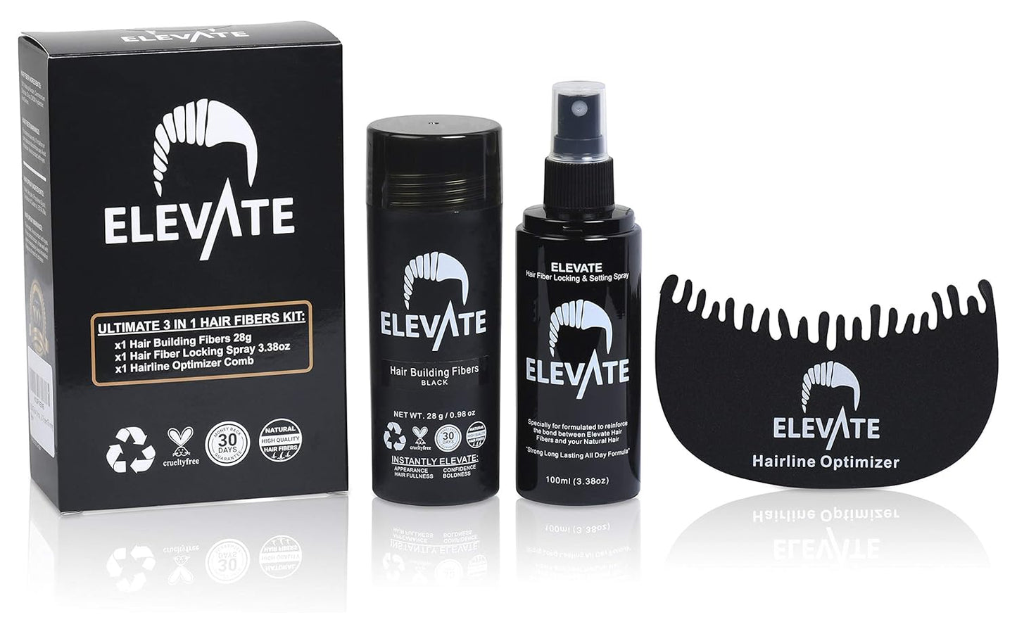 Elevate Hair Building Fibers 3-in-1 Kit for Thinning Hair (Black) Keratin Hair Thickening Powder with Fiber Lock Spray & Hairline Optimizer Comb - Instant Hair Concealer Waterproof for Men & Women