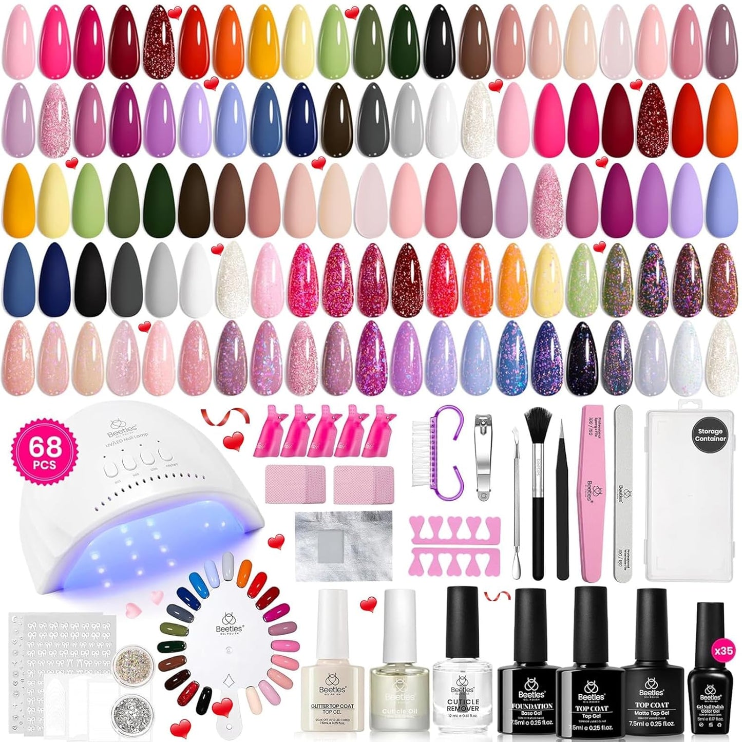 Beetles Gel Nail Polish Kit with U V Light - 68Pcs Gel Nail Kit 35 Colors Outfits Glitter Red Classic Blue Polish Set with Everything Nails Manicure Tools for Beginners DIY At Home Gifts for Women