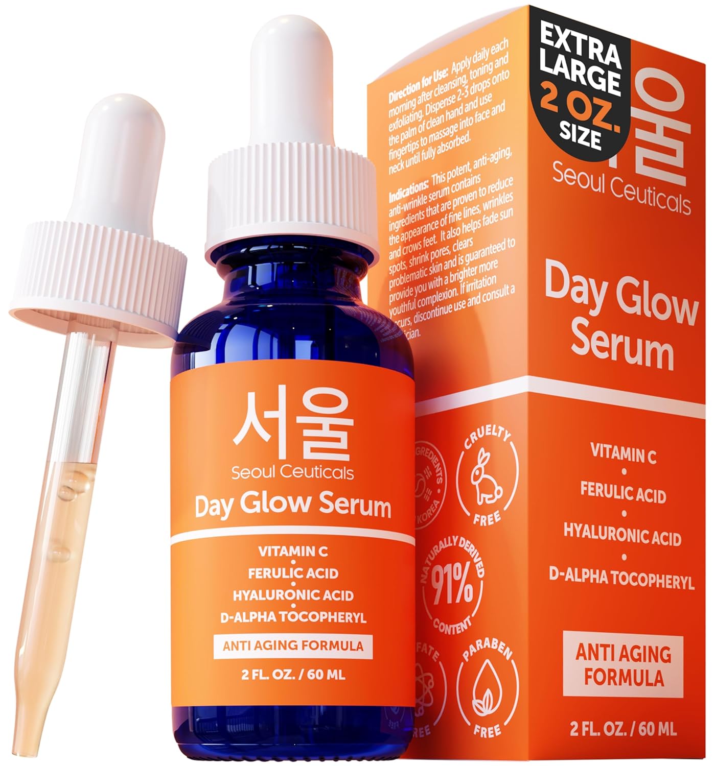 SeoulCeuticals Large 2oz Korean 20% Vitamin C Hyaluronic Acid Serum + CE Ferulic Acid - Potent Anti Aging, Anti Wrinkle K Beauty