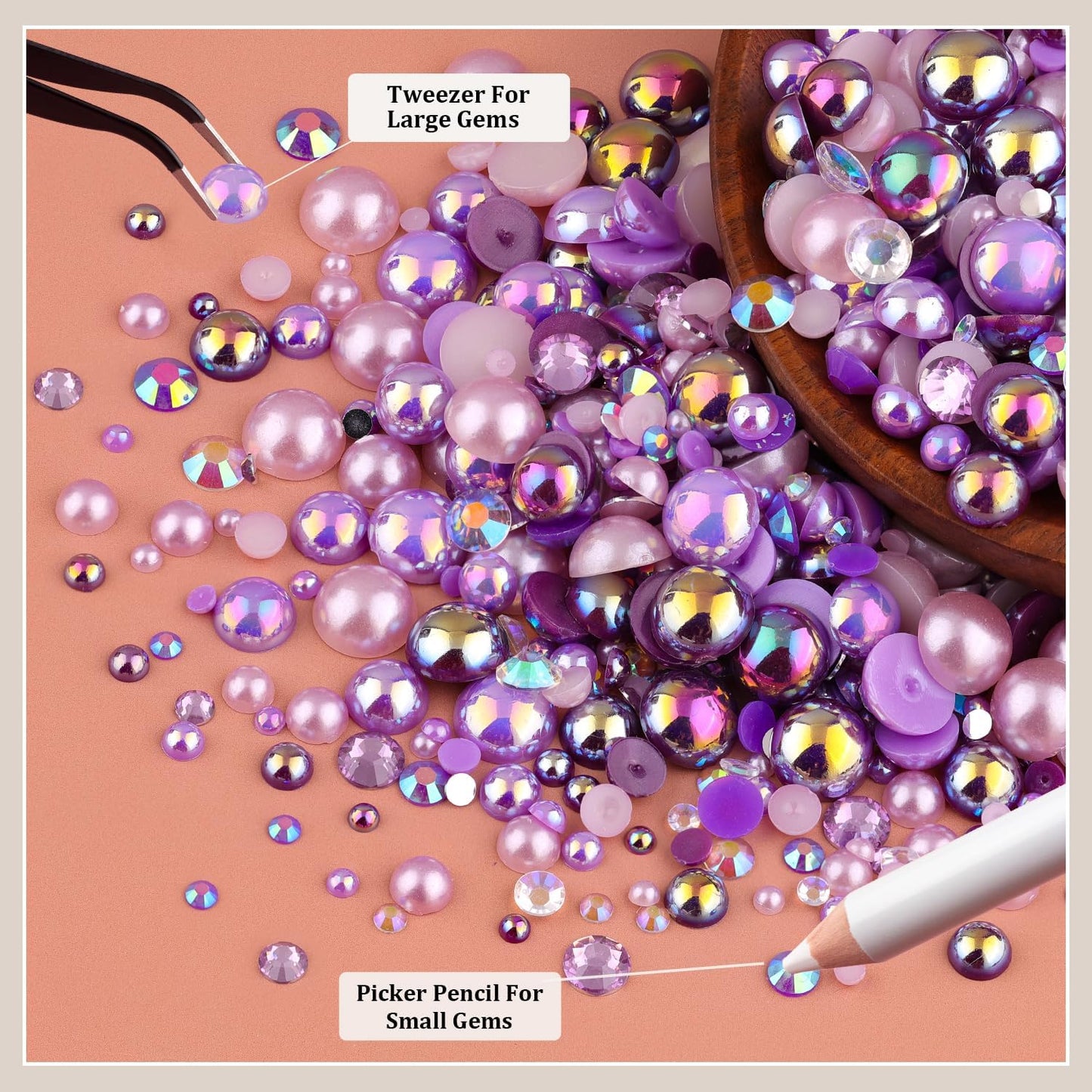 80g Flatback Pearls and Rhinestones for Crafting, Purple 3-10mm Resin Rhinestones and Half Pearls for Bedazzling, Nail Art and Dec with 3pcs 10ml B7000 Jewelry Glue, Tweezer and Pickup Pencil