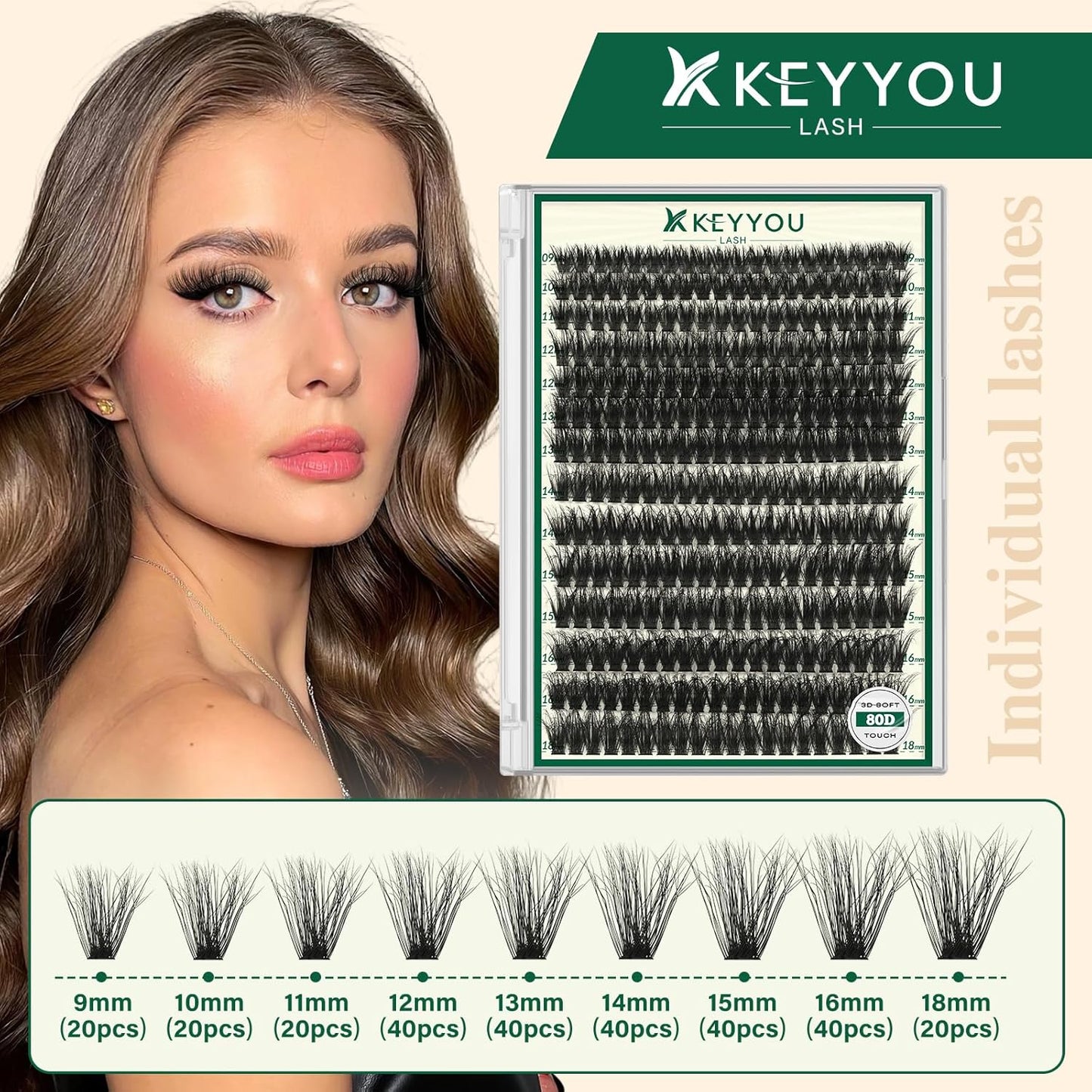 Clusters Eyelash Extensions 3D Effect Eyelash Cluster KEYYOU LASH 280pcs 80D D Curl 9-18MIX Individual Lashes Wispy Lashes Volume Cluster Lashes Natural Lash Extension(3D-80D-D-9-18MIX-zzlj-5)