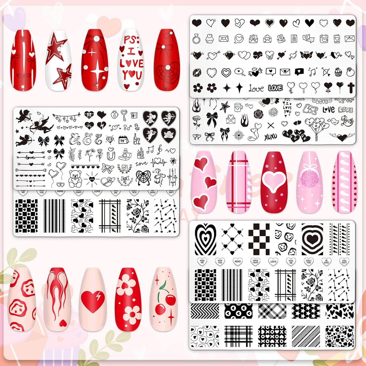 Whaline 6Pcs Happy Valentine Nail Plates Stamping Set Love Heart Stamp Templates Nail Art Plates for DIY Print Manicure Salon Design