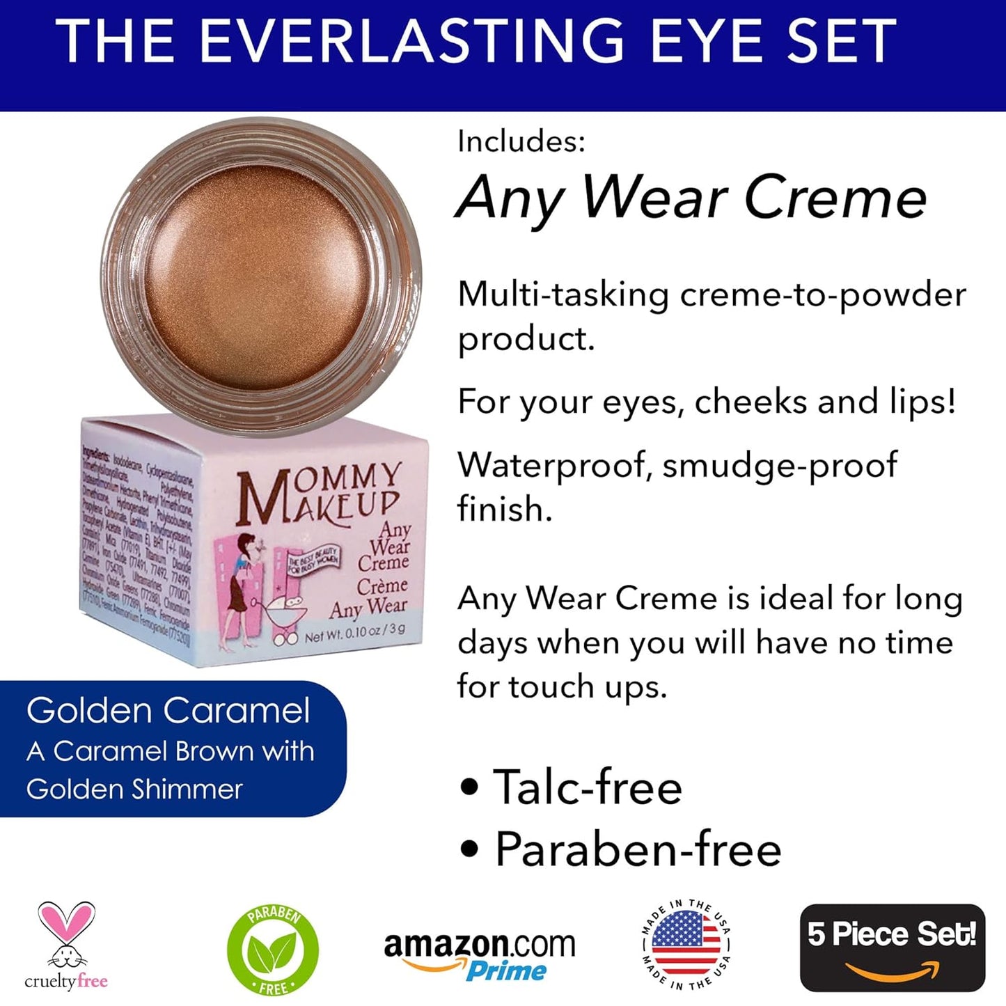 The Everlasting Eye 5 Piece Waterproof Makeup Set. Gel Eyeliner, Creme Eyeshadow, 2 brushes and Mesh Bag. Paraben-free, Talc-free, Cruelty-free. Golden Caramel/Chocolate Kiss 1502