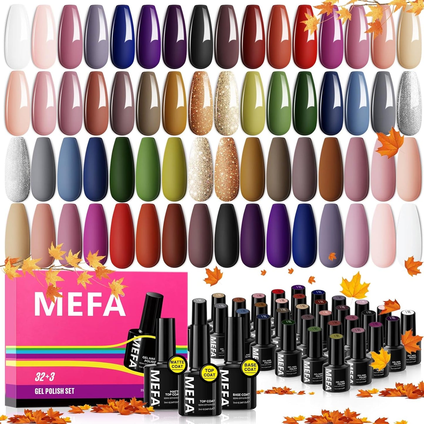 MEFA Fall Gel Nail Polish Set, 32 Colors Burgundy Red Gel Polish Set Champagne Gold Glitter Nail Polish Soak Off Dark Red Purple Shimmer Nude Brown Gel Nail Gifts for Women Girl DIY Salon