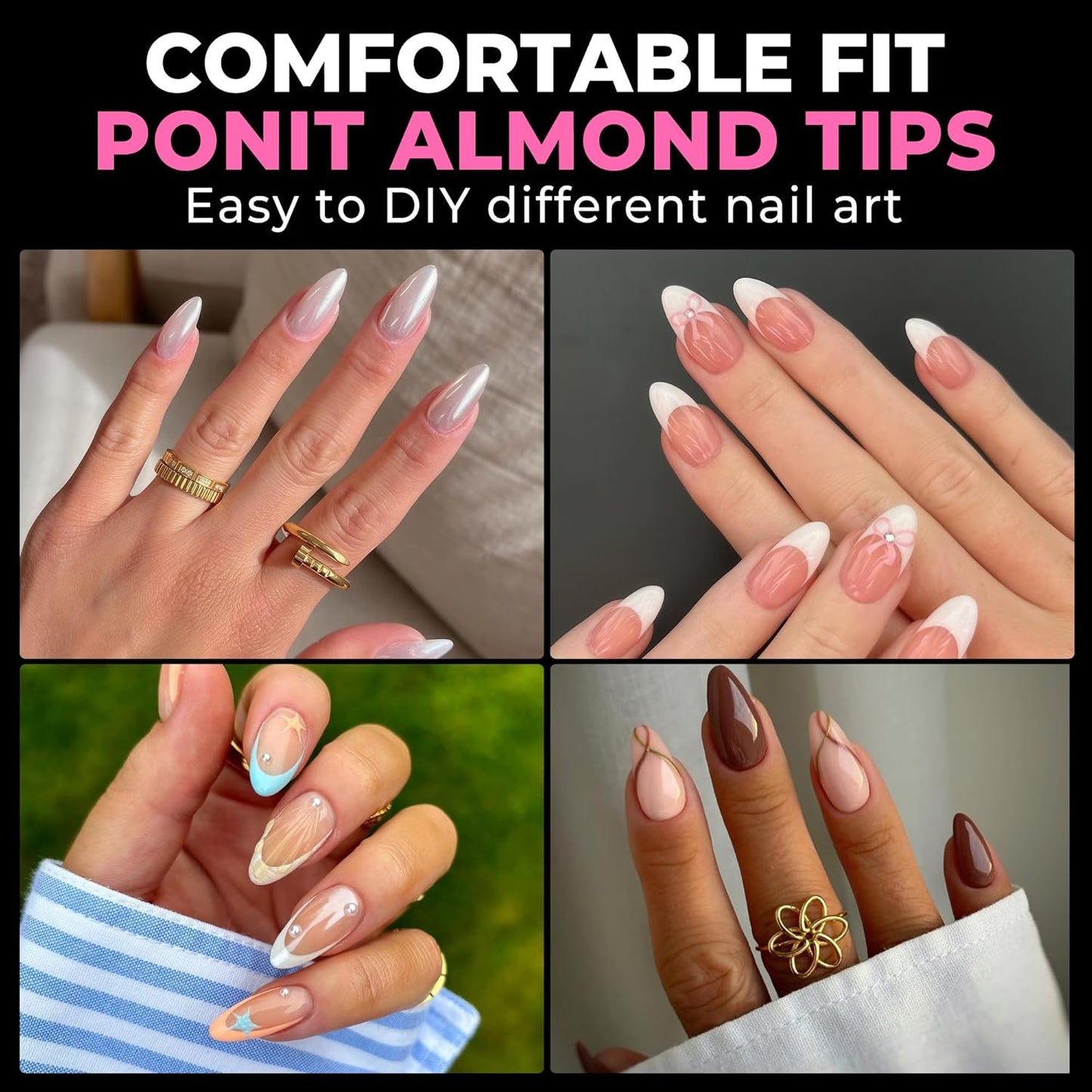 UNA GELLA Almond Nail Tips, 216pcs Pointed Almond Gel Nail Tips Pre-shape Half Matte Full Cover Clear Acrylic Soft Gel Fake Nails for Nail Extension Nail Art 12 Sizes