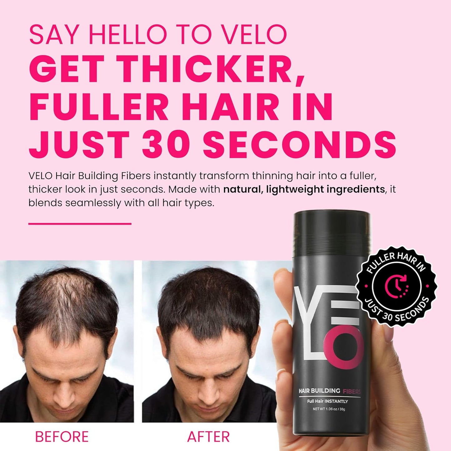 VELO Hair Building Fibers for Thinning Hair – BLONDE Hair Fibers for Men & Women – Covers Bald Spots, Hairline Powder, Hair Thickening Fibers – Hair Filler Powder for Fuller-Looking Hair – 30g