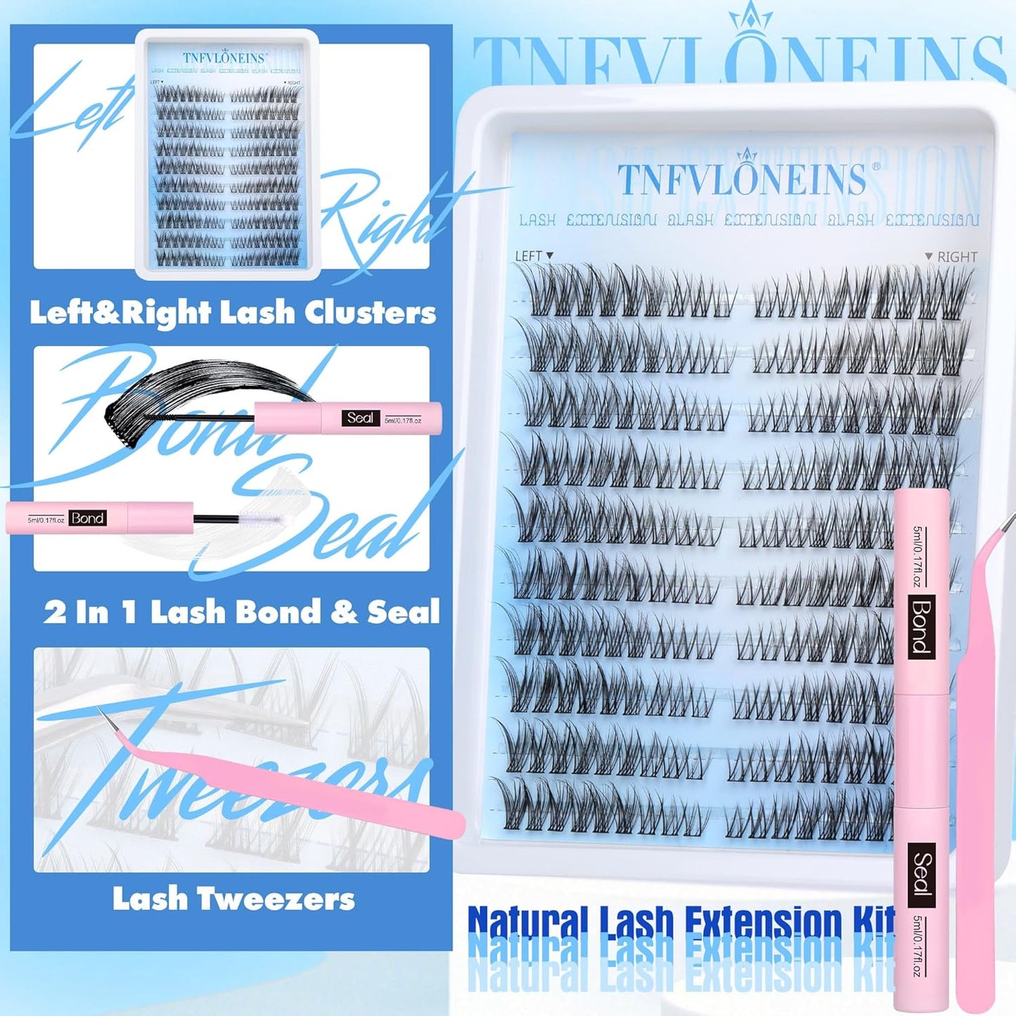 TNFVLONEINS Wispy Lash Extension Kit Left&Right Eyelash Extension Kit Natural Lash Clusters Kit 180Pcs Cluster Eyelash Extensions Kit C Curl Individual Lashes with Bond and Seal and Tweezers