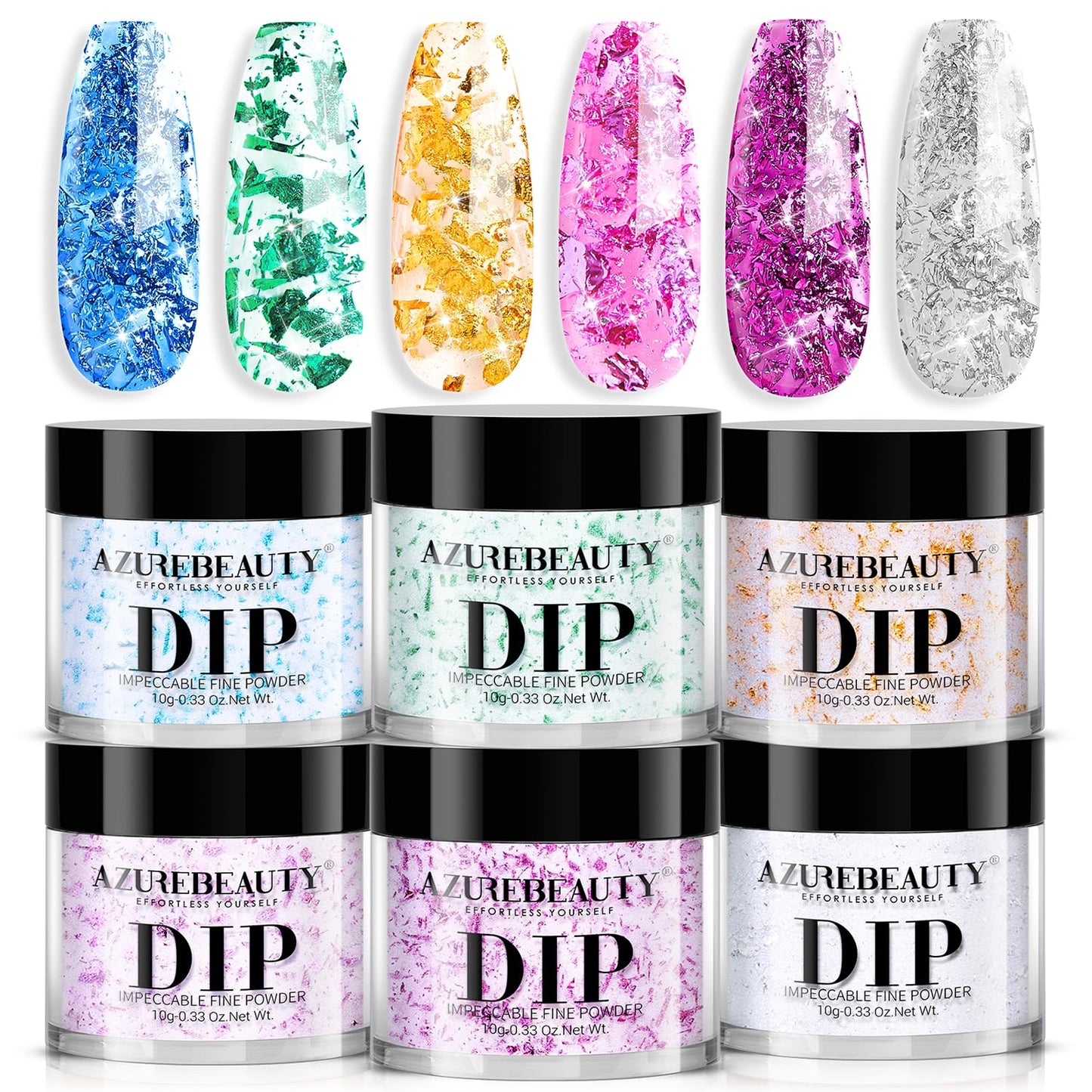 AZUREBEAUTY Dip Powder Nail Set, Blue Green Yellow Silver Light Dark Pink with Sparkle Aluminum Foil, 6 Colors All Seasons Dipping Powder Starter Kit Nail Art Manicure Salon, No Need Nail Lamp Cured