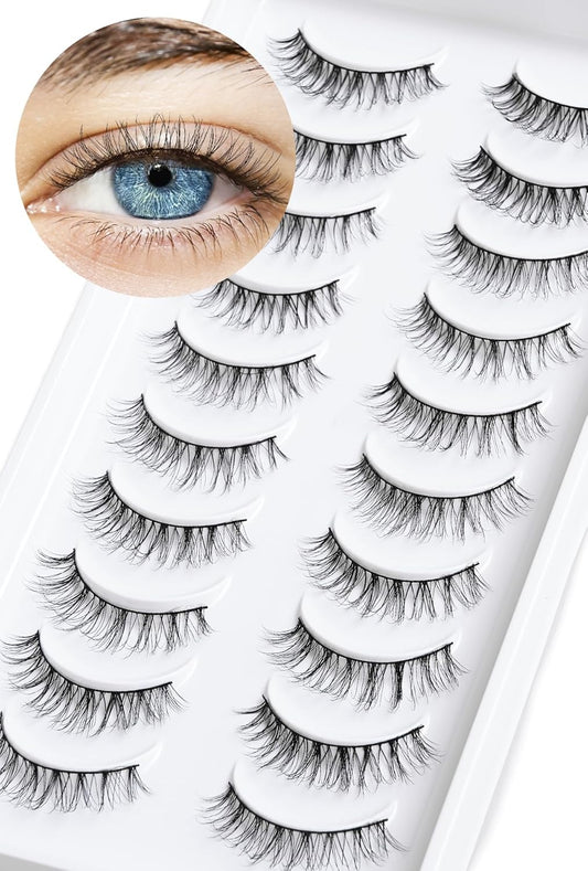 Natural Lashes Wispy False Eyelashes 10mm Short Lashes 3D Volume Strip Lashes Fake Eyelashes Siligli Lashes Thin Band Curly Eye Lashes Pack 10 pair
