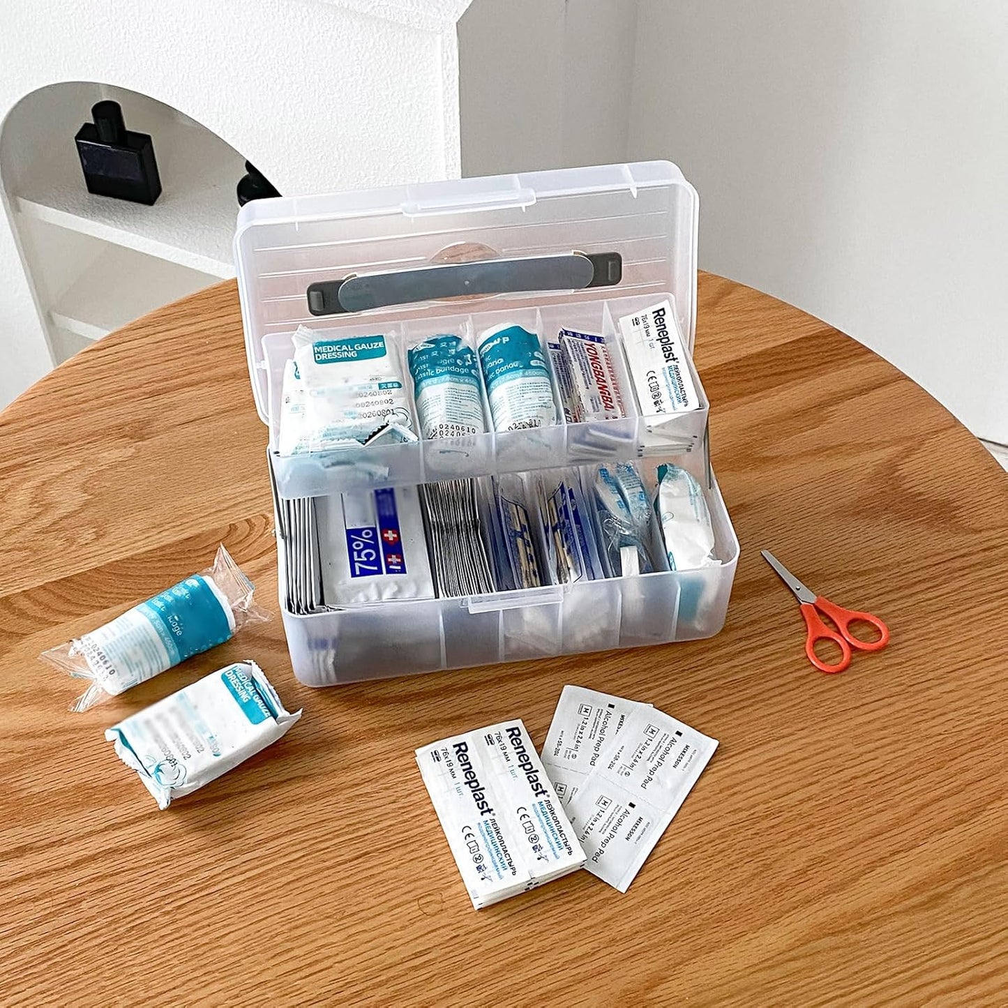 Bandage Organizer with Lid and Handle, Plastic Bandaid Storage Container for Home Medicine Cabinet, First-Aid Holder for Strip, Medical Elastic Wrap, Alcohol Swab Sorter Box, 2 Pack