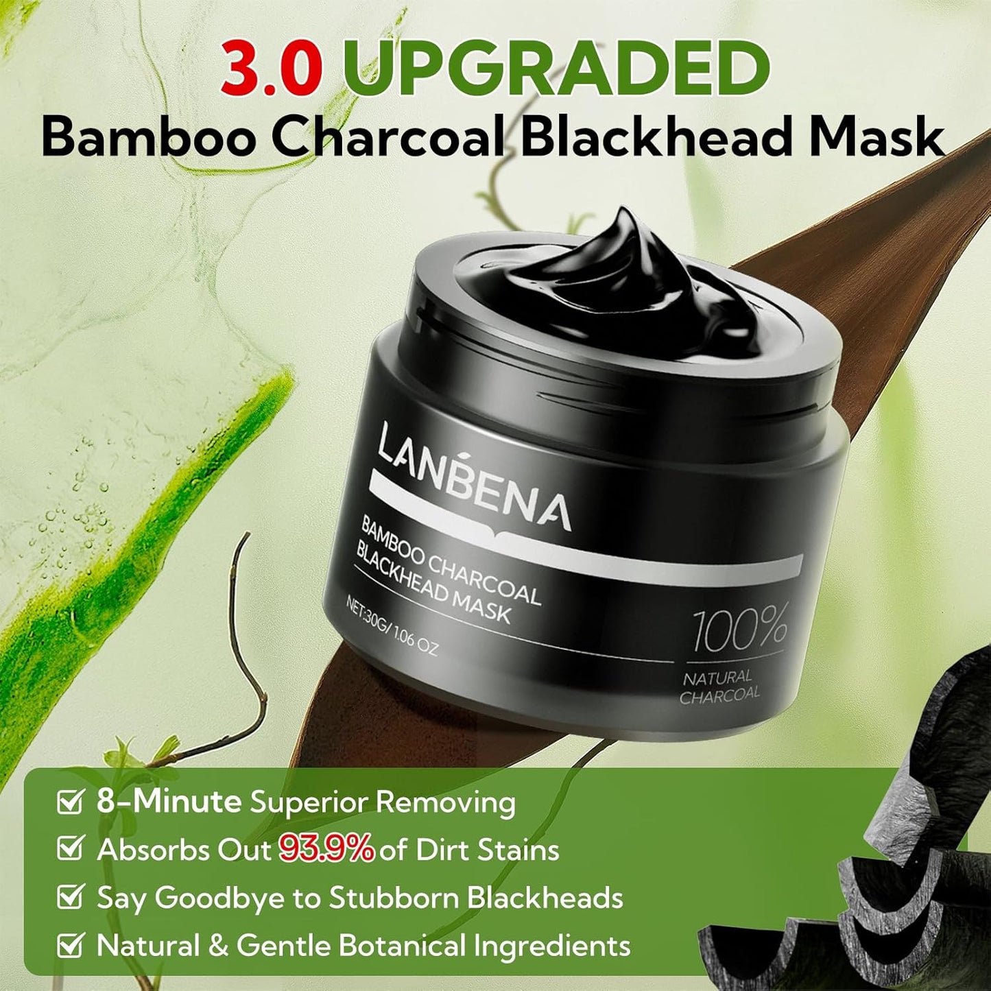 LANBENA Upgraded 2.0 Bamboo Charcoal Blackhead Remover Mask, 60 pcs Nose Strips, Peel off Face Mask Pore Whiteheads Cleanser Strawberry Nose Purifying, Deep Cleansing for All Skin Types, 30g/1.05oz