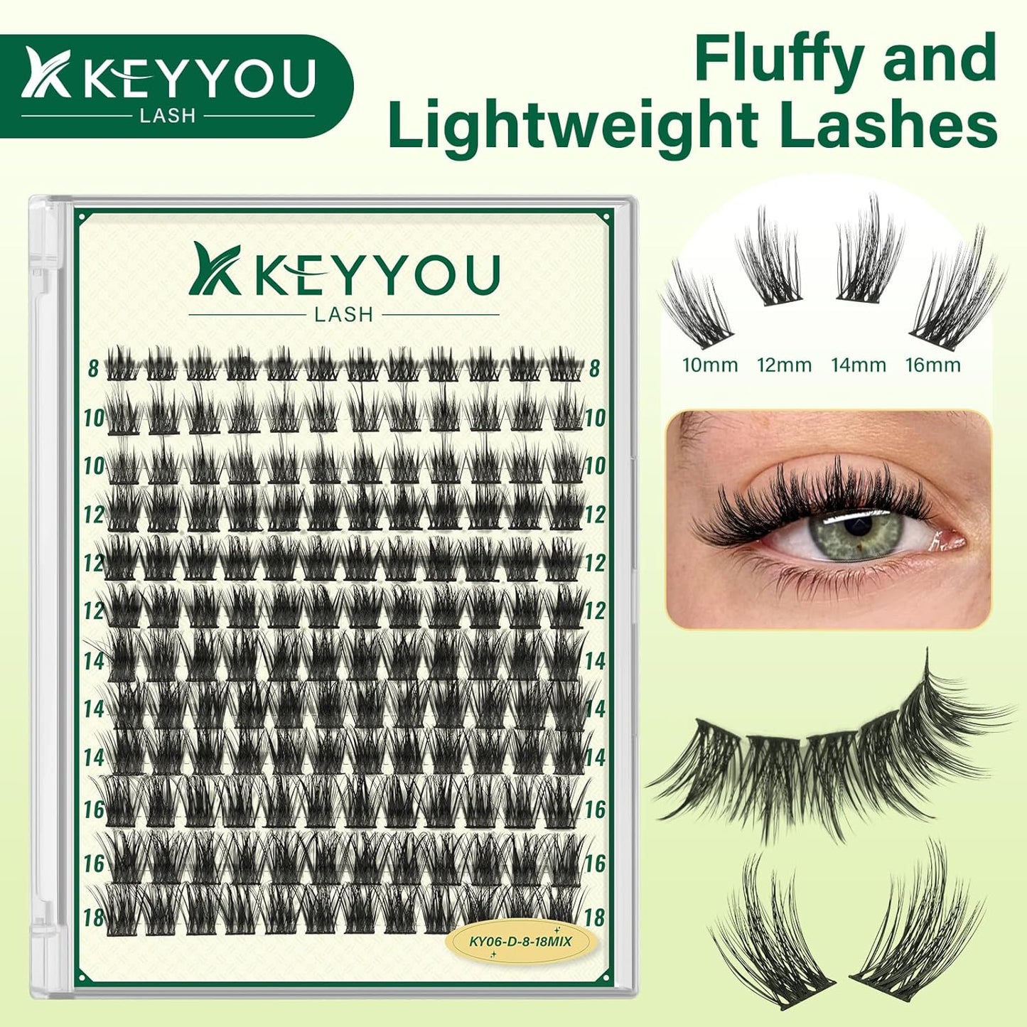 KEYYOULASH Lash Clusters Manga Lash Extension D Curl 144pcs 8-18mm Wispy Eyelash Clusters Natural Volume Eyelash Extensions Individual Lashes DIY at Home(KY06,D-8-18MIX)